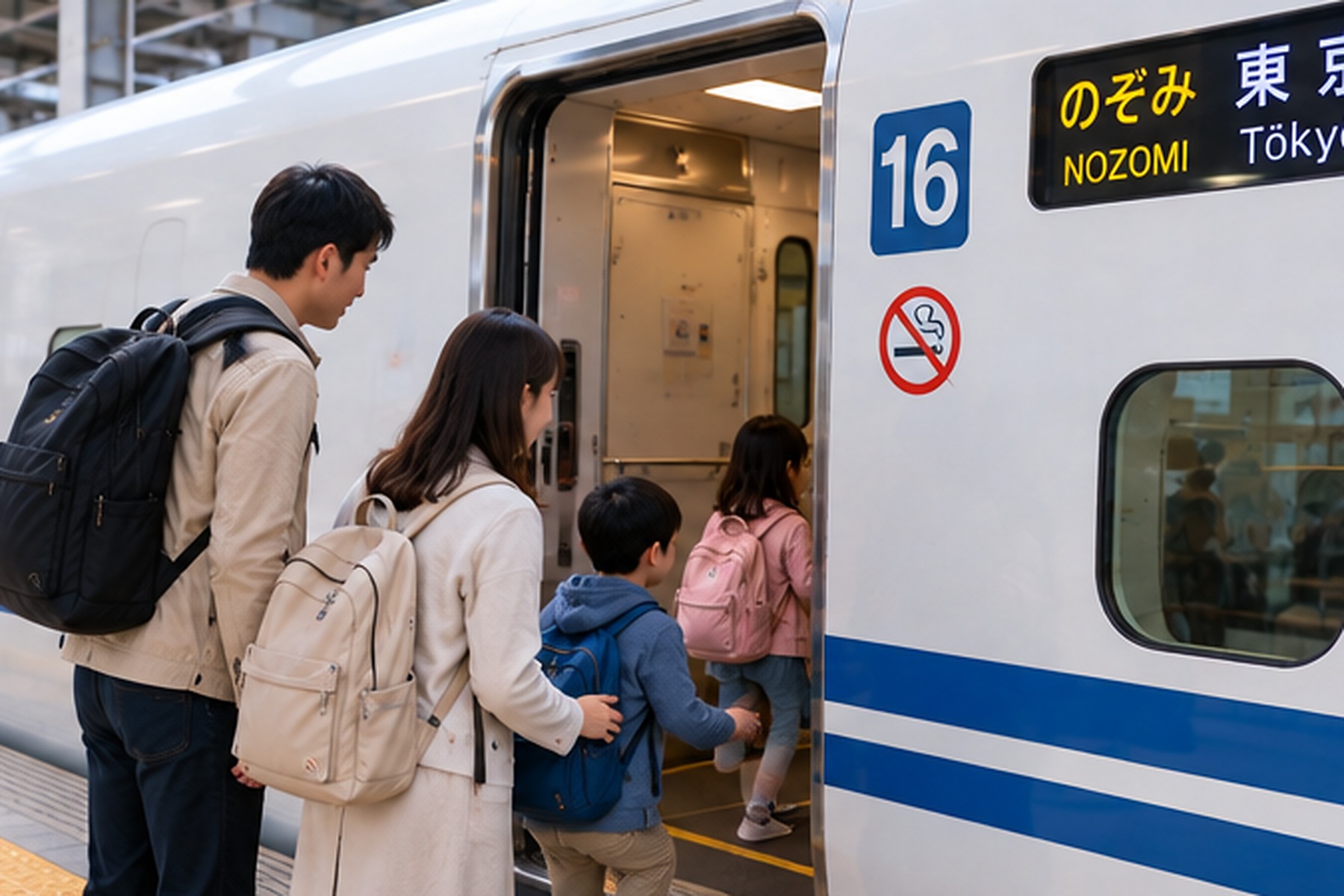 Family boarding a Shinkansen at a Japanese station