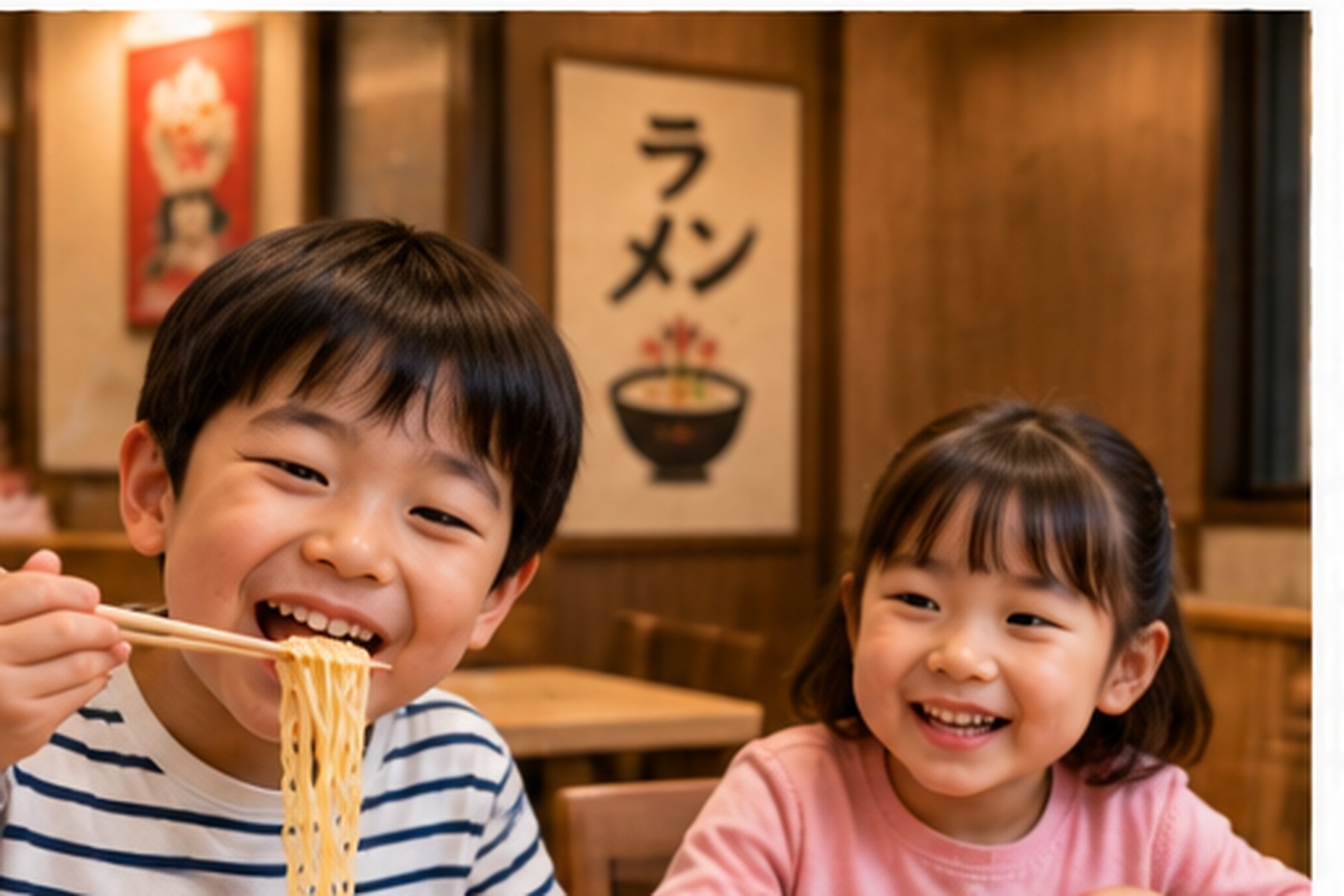 Children eating a simple meal at a casual Japanese restaurant