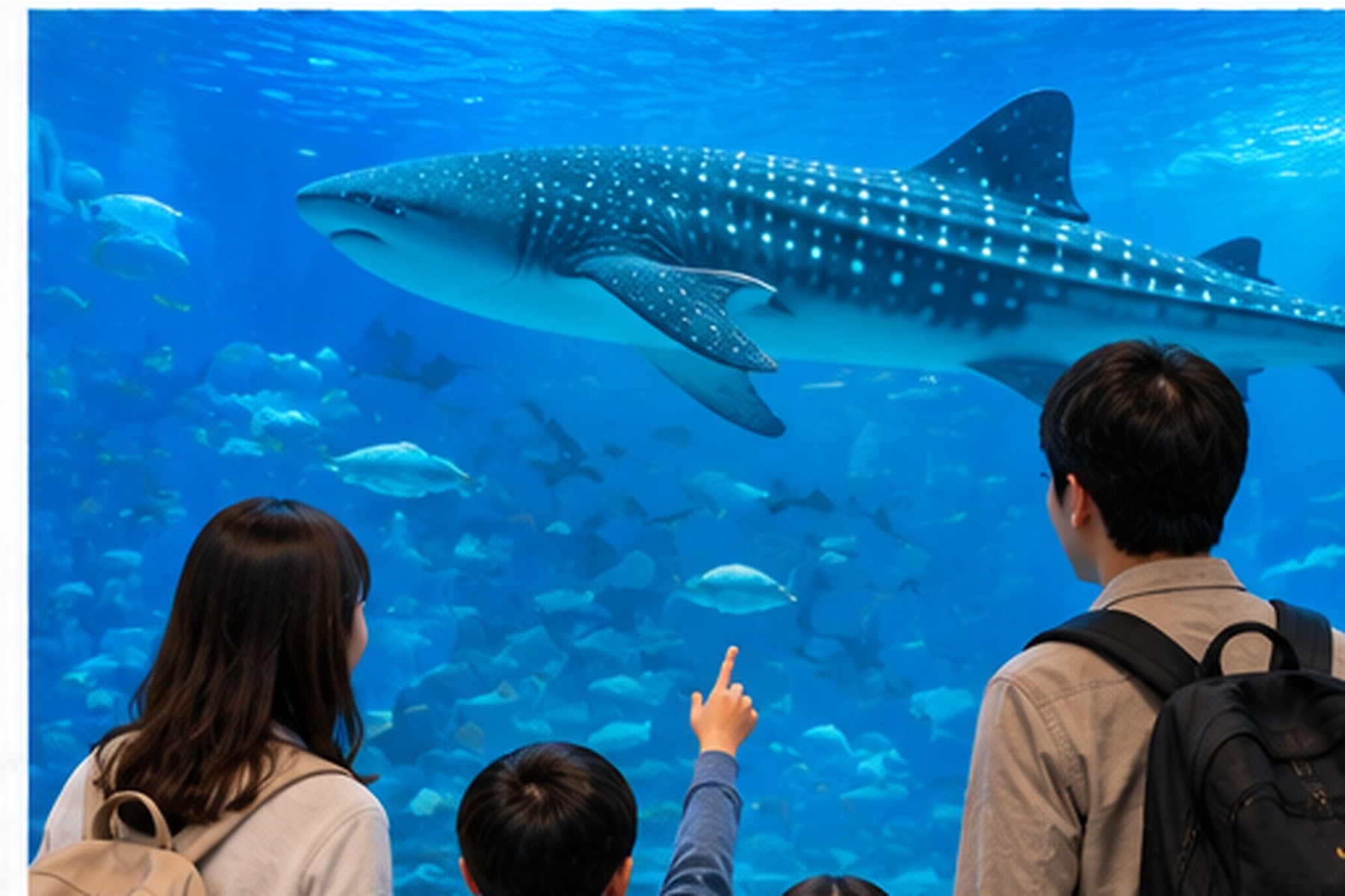 Family watching a large aquarium exhibit in Japan