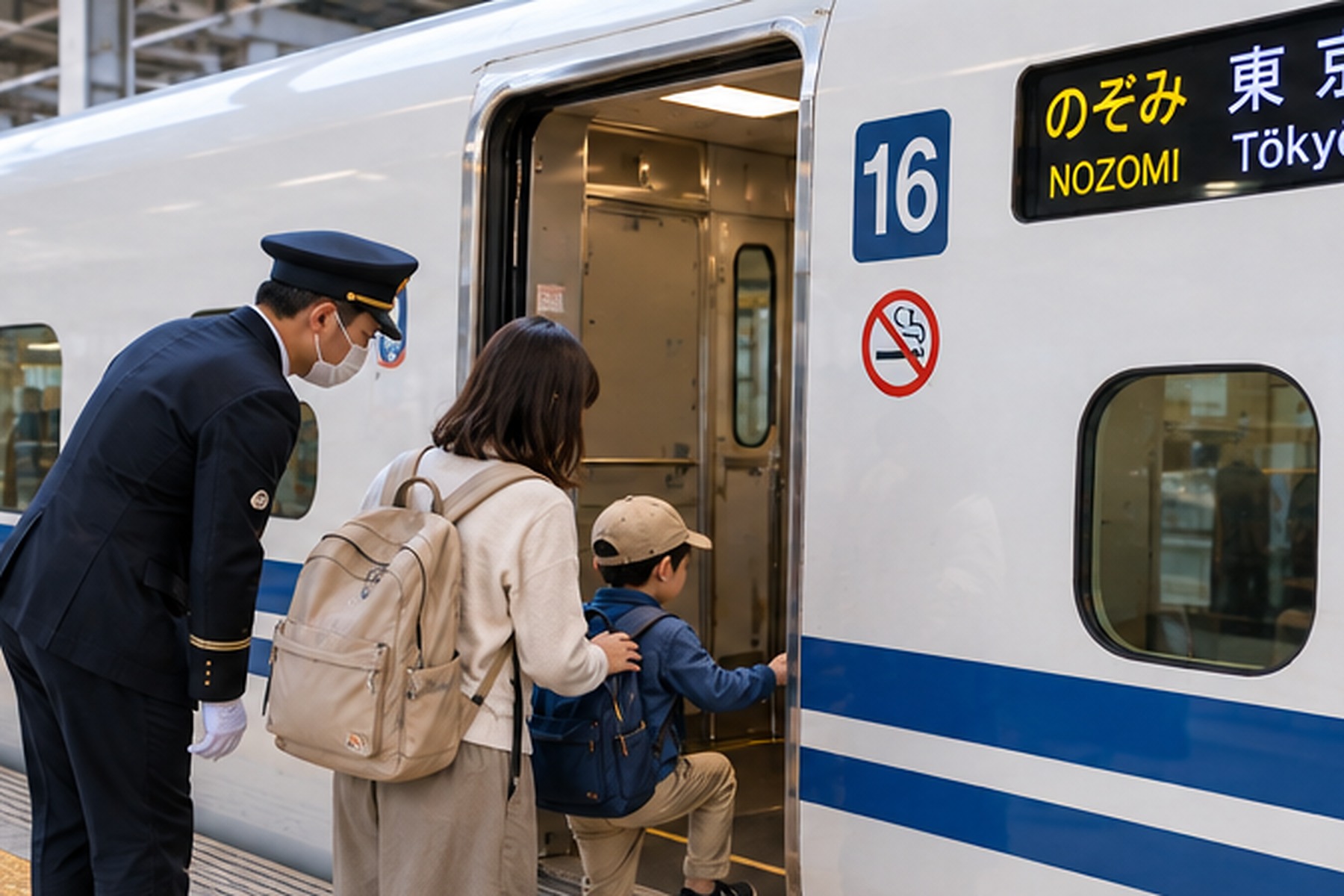 Family with a child boarding a Shinkansen at a Japanese station
