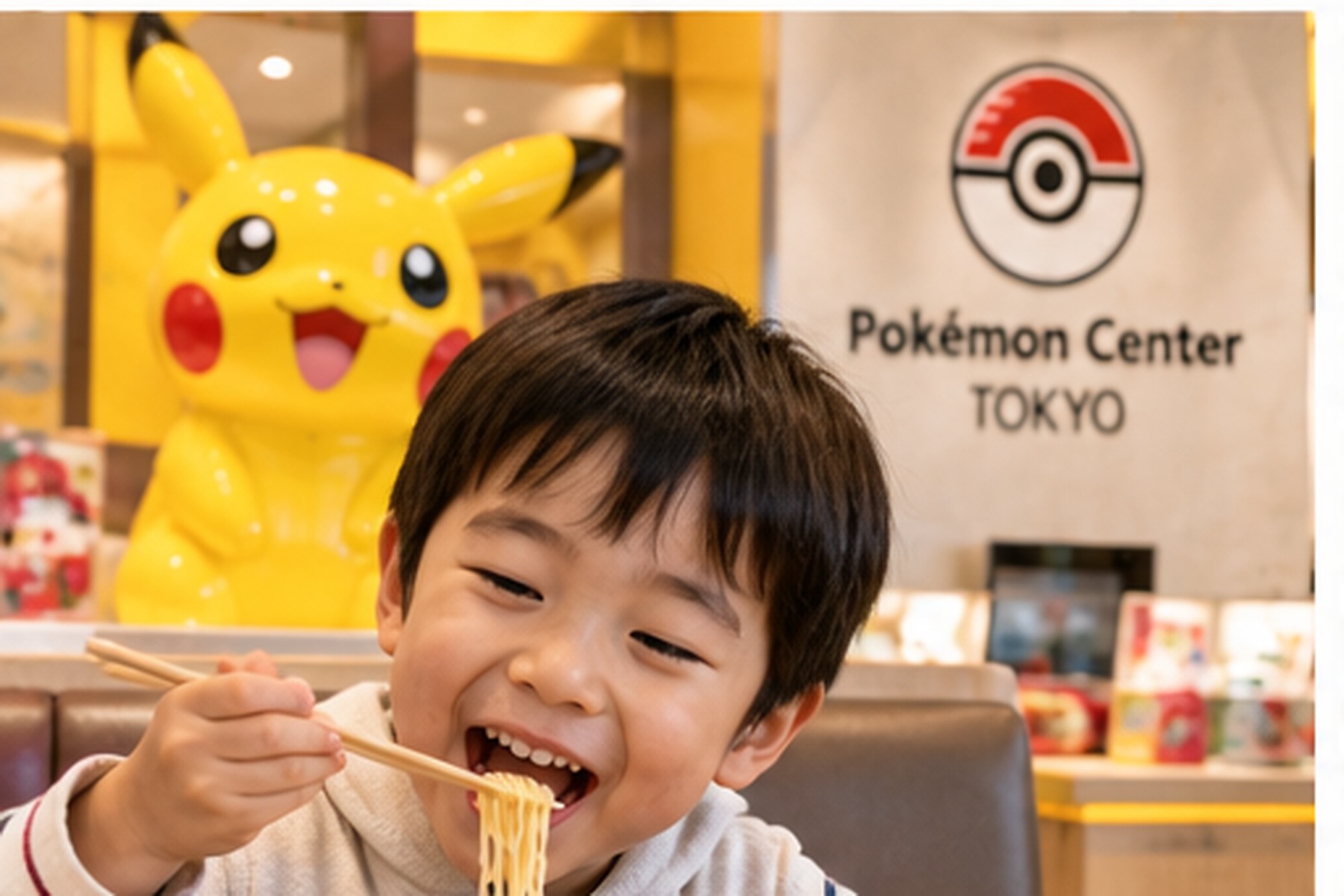 Child enjoying a character-themed noodle meal in Japan