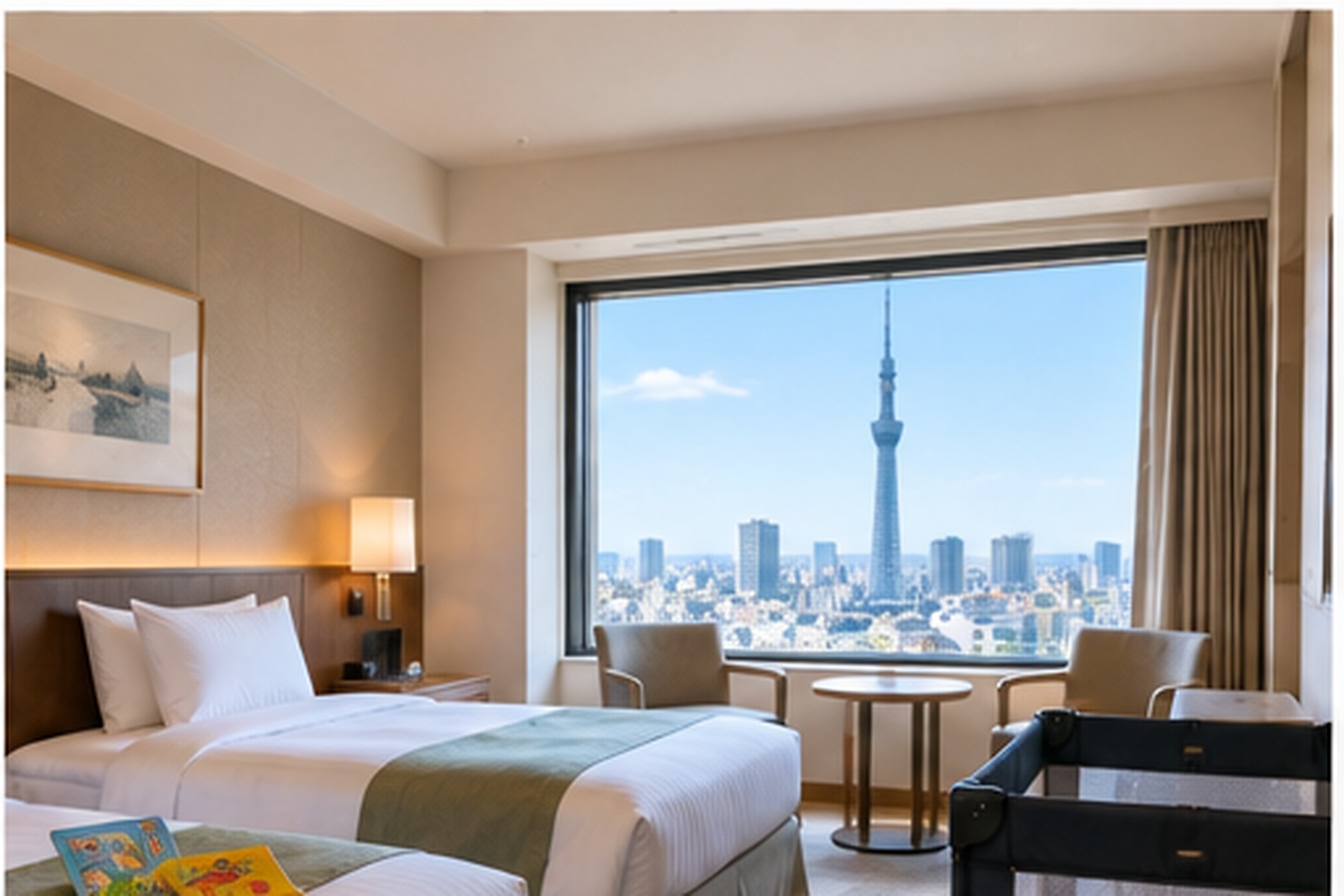 Tokyo hotel room prepared for a family with a travel cot