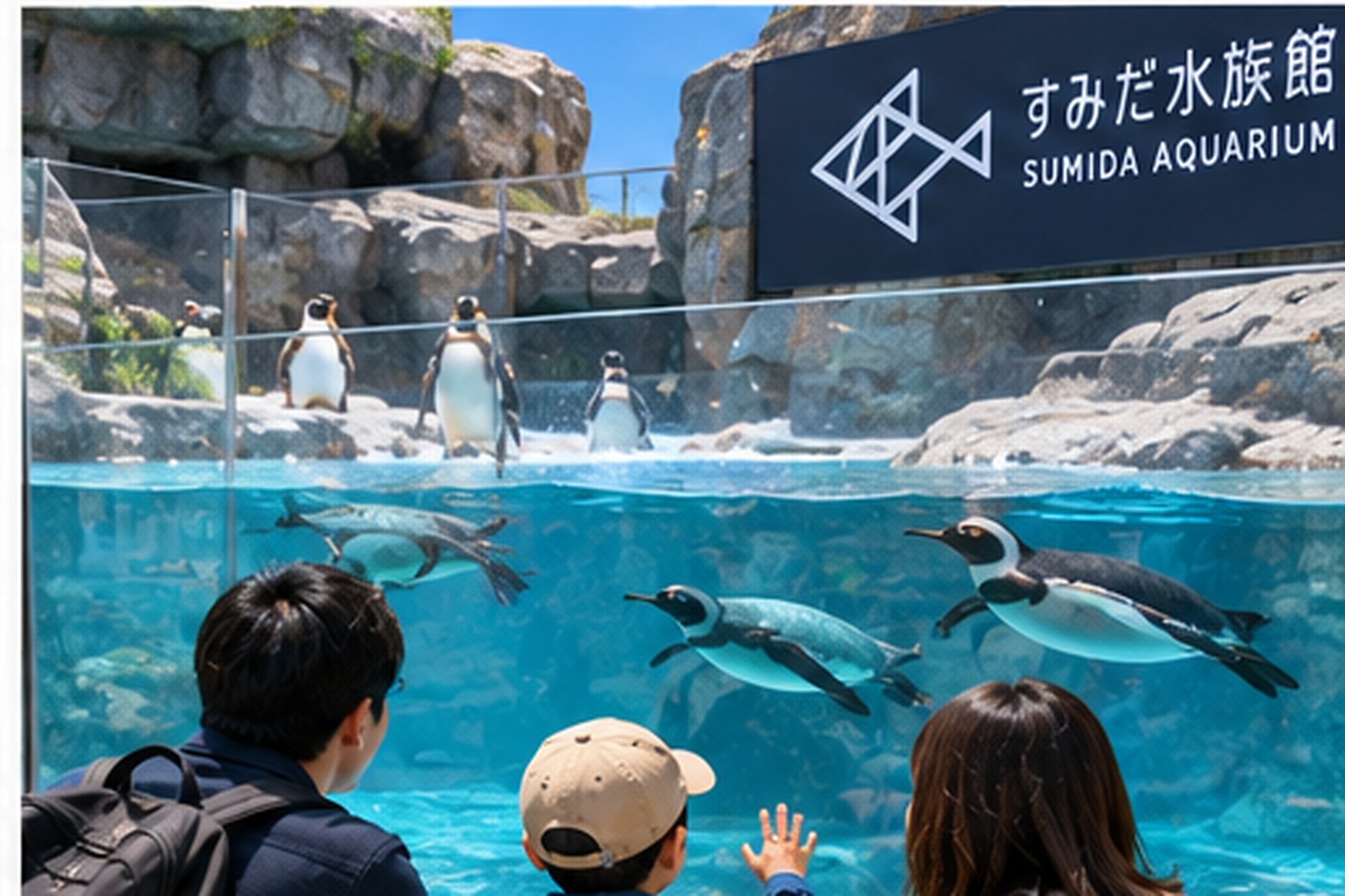 Family with a child watching penguins at an aquarium in Japan