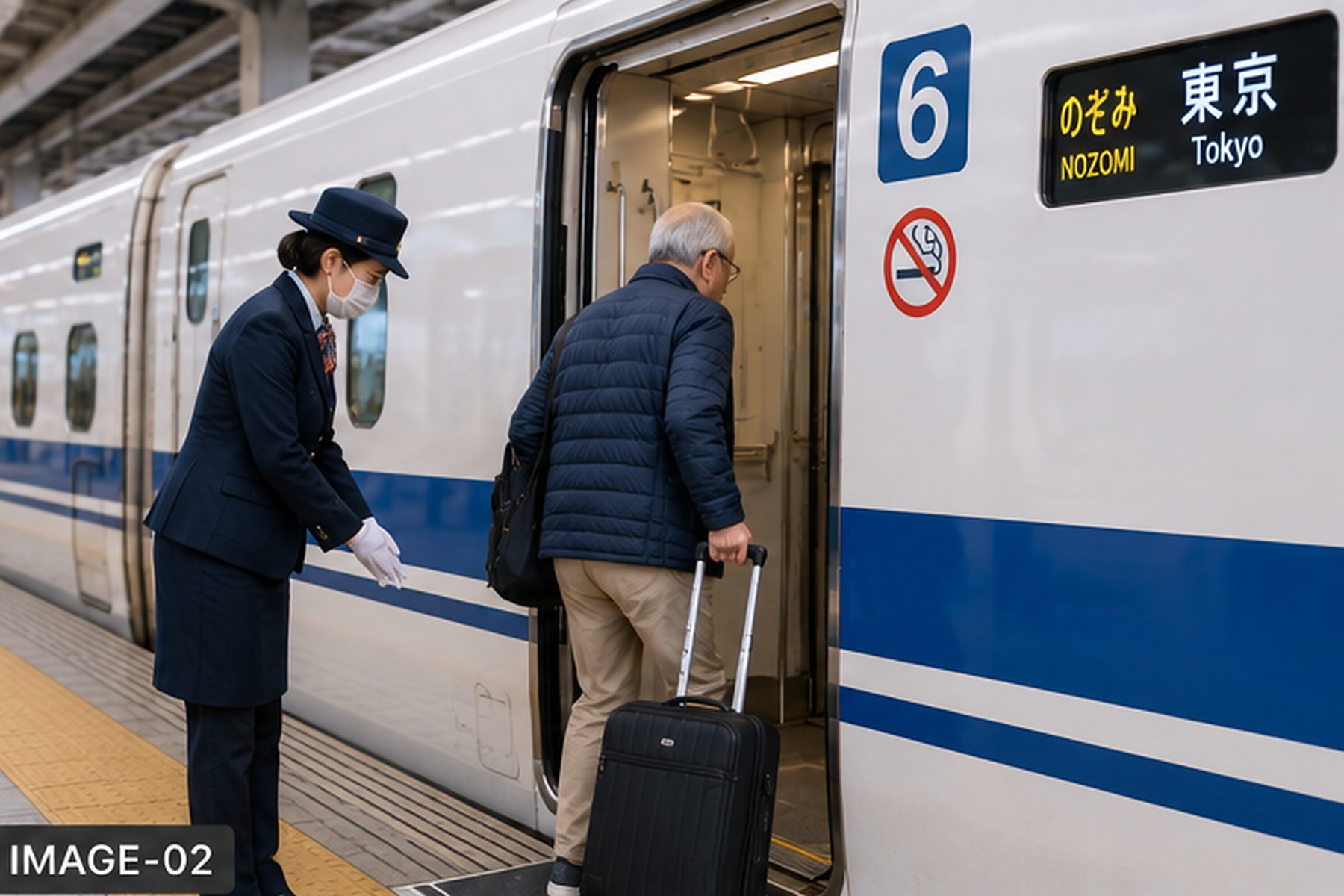Older traveler boarding a Shinkansen with luggage at a Japanese station