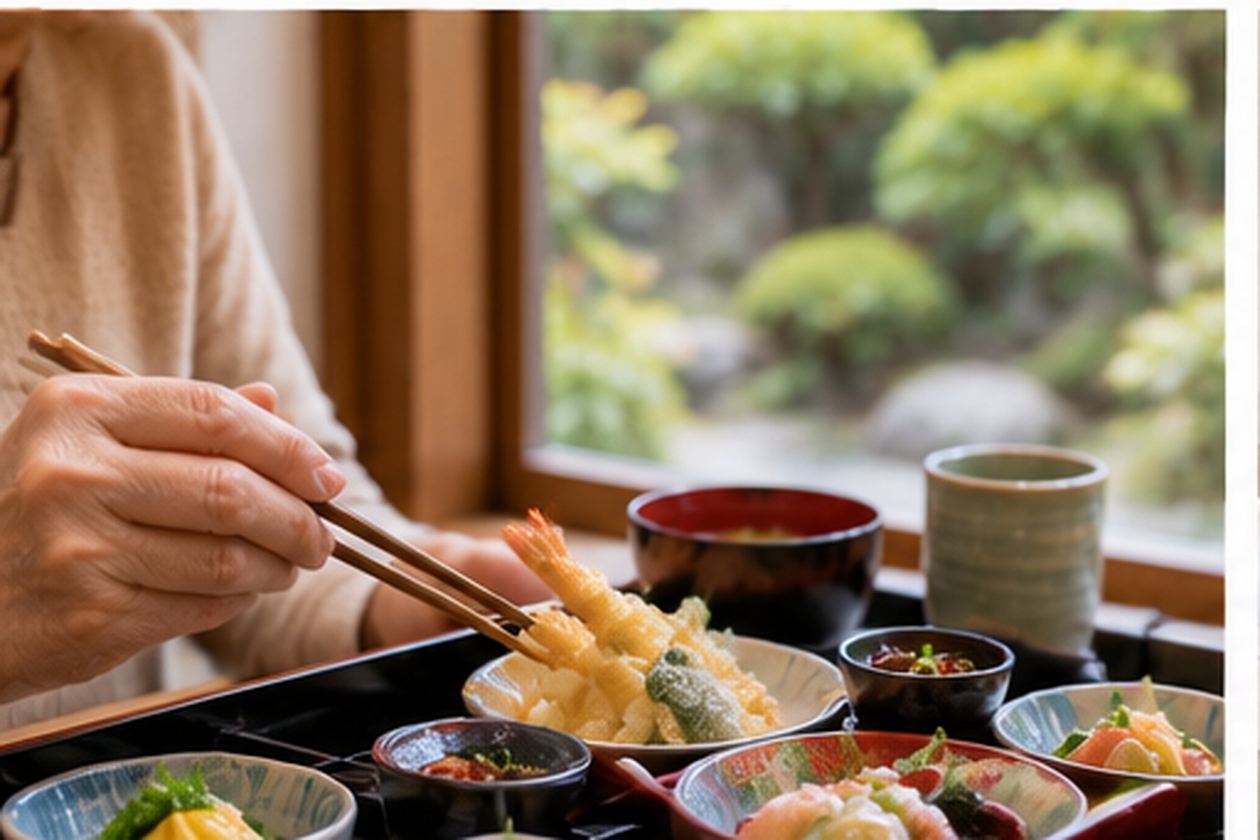 Older traveler enjoying a seated Japanese meal during a sightseeing day