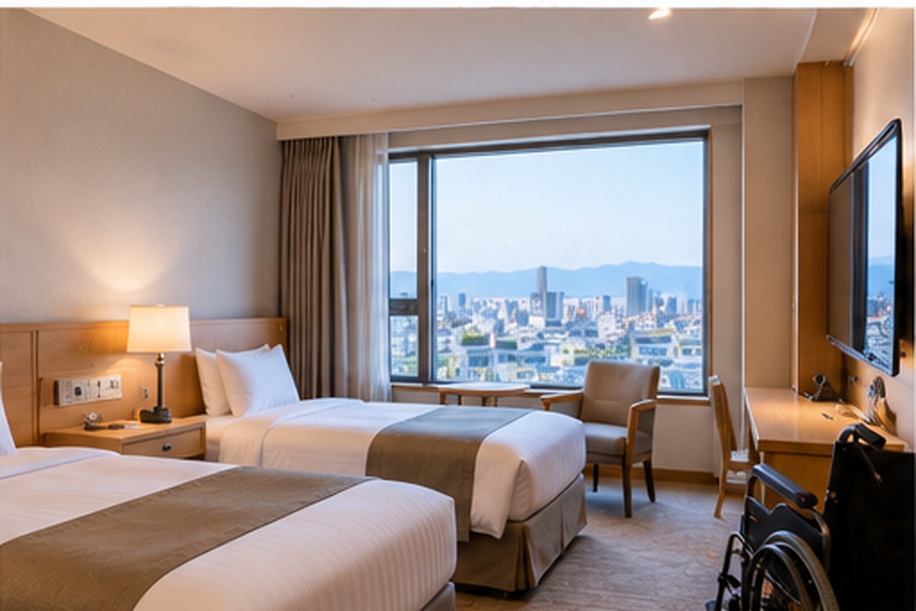 Spacious twin hotel room in Japan with open floor space