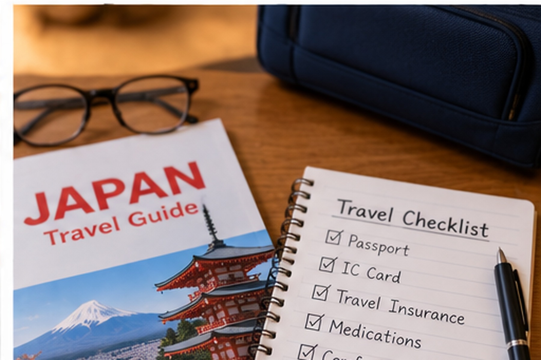 Japan travel guide and practical trip checklist on a table