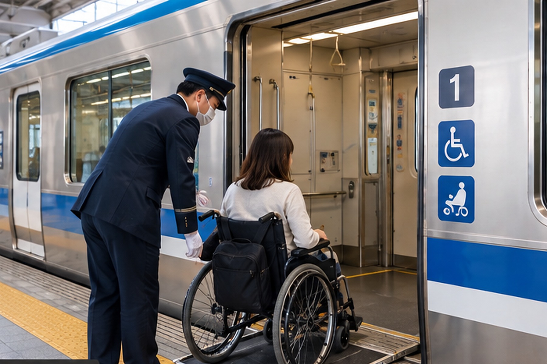 Station staff assisting a wheelchair traveler to board a train using a ramp