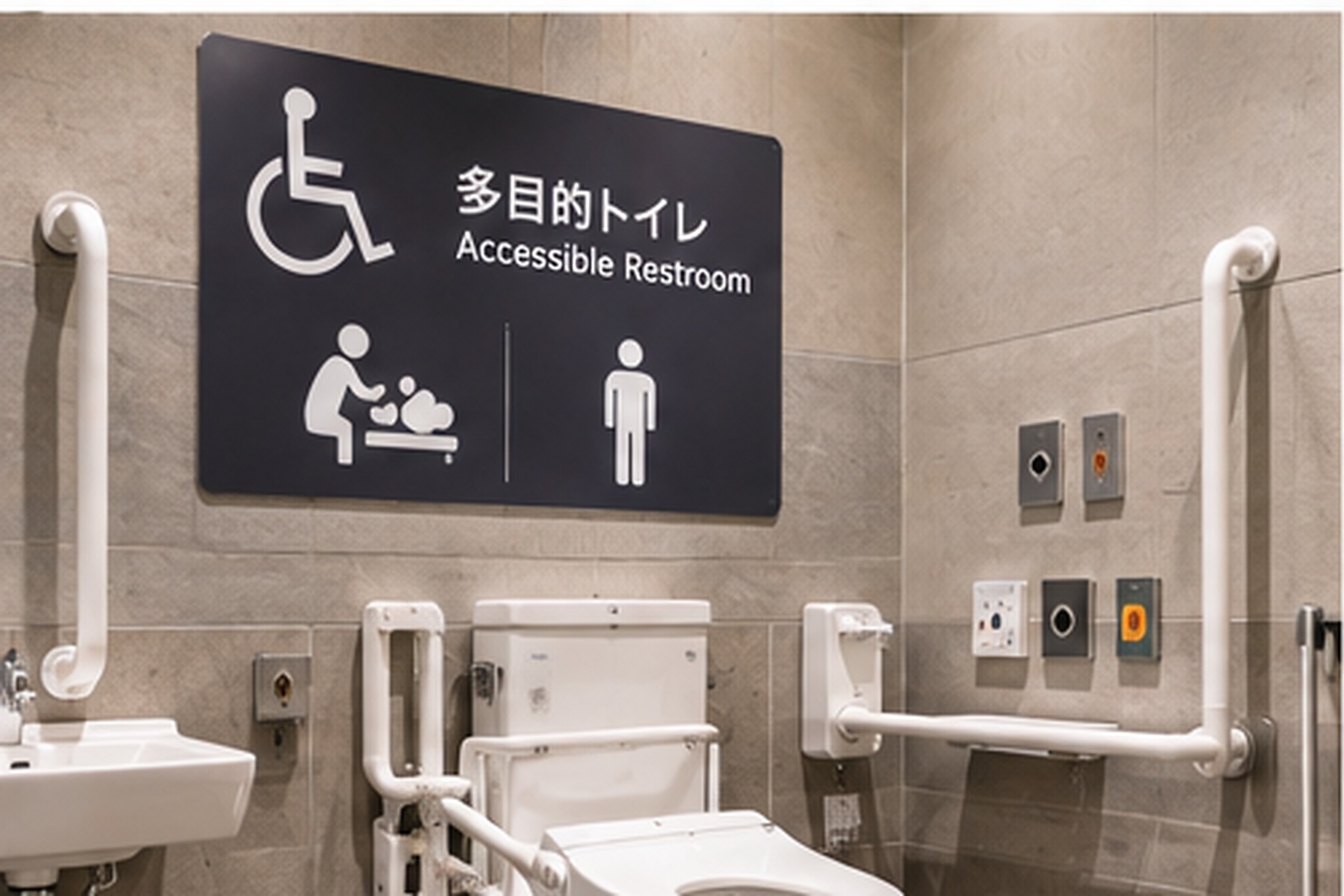 Wheelchair-accessible multipurpose toilet with grab bars in Japan