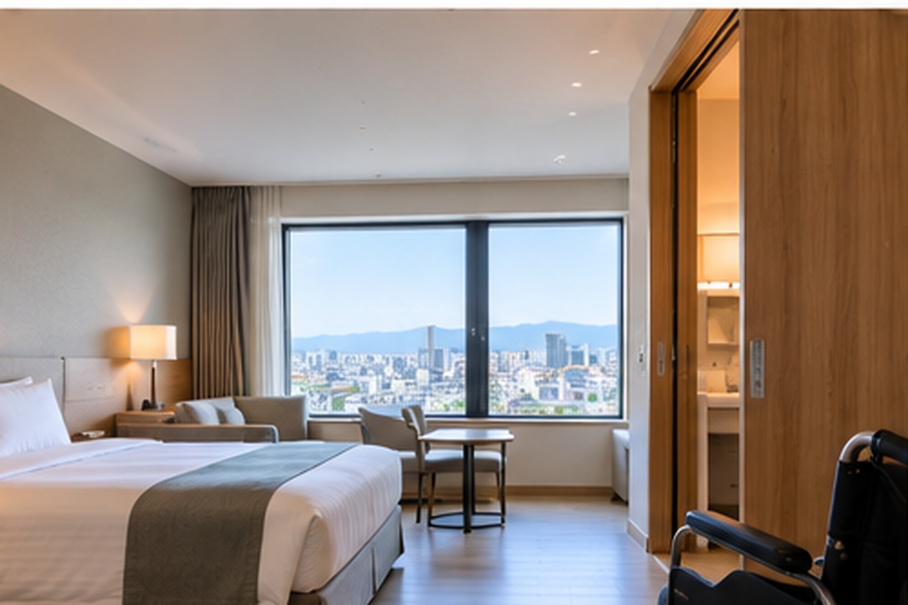 Accessible hotel room in Japan with open wheelchair maneuvering space