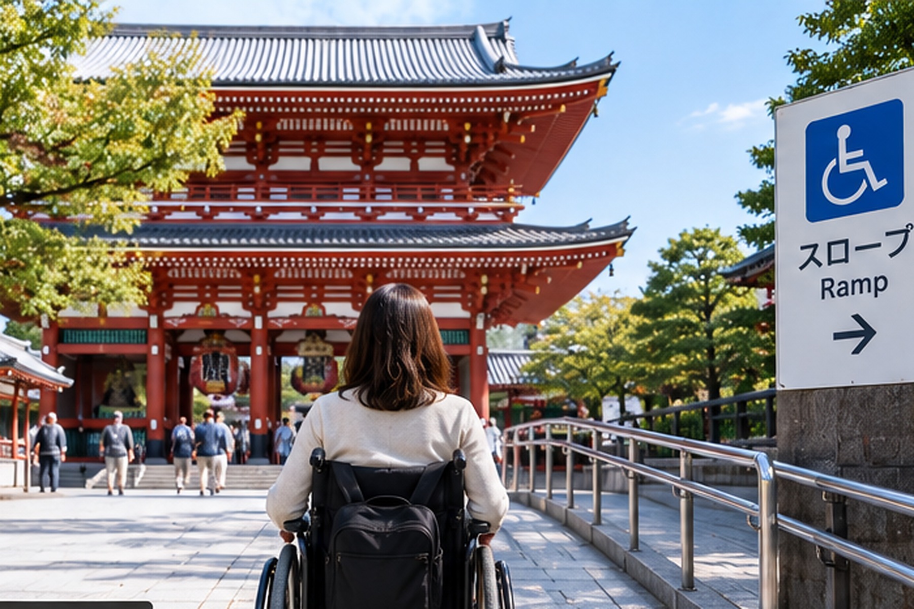Wheelchair traveler using an accessible ramp at a traditional Japanese temple