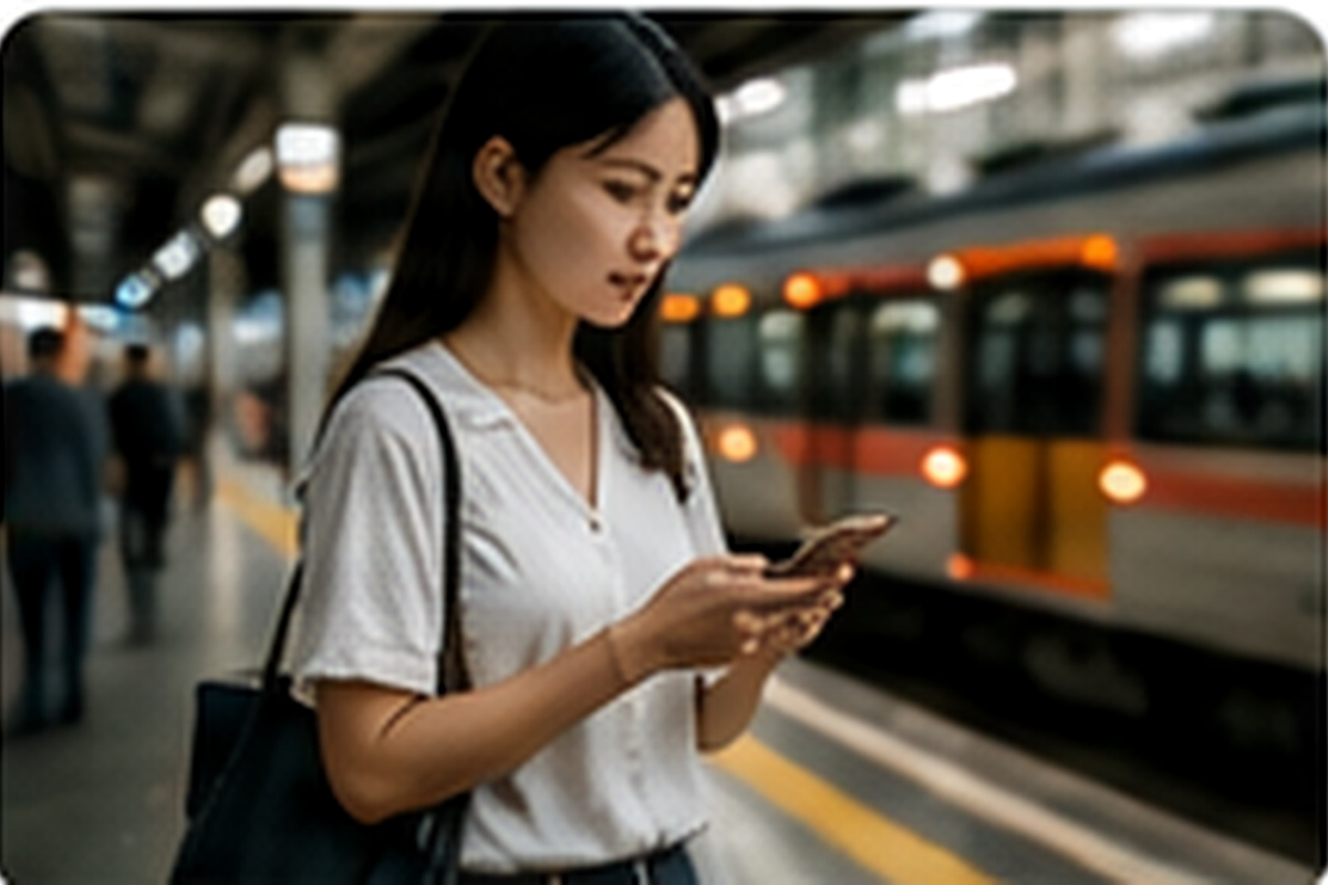 Solo female traveler checking her route on a Japanese train platform
