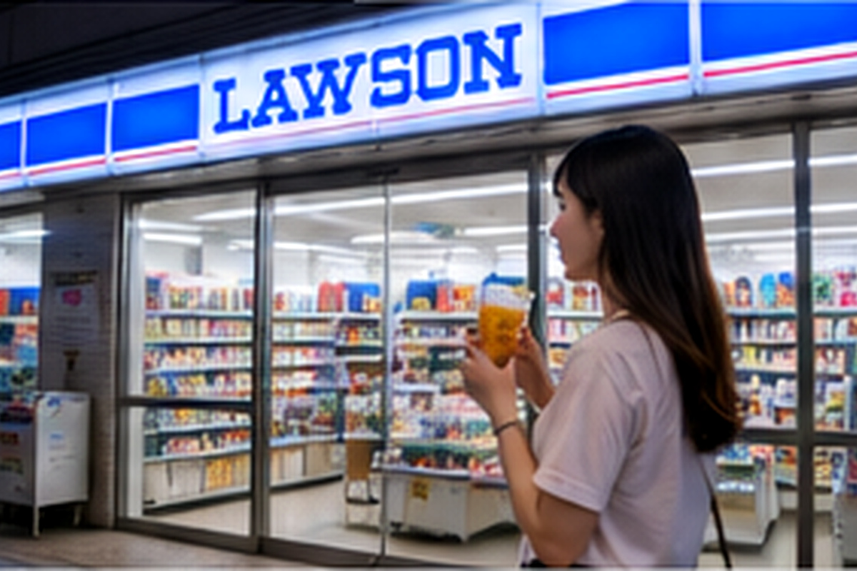 Female traveler outside a brightly lit convenience store in Japan