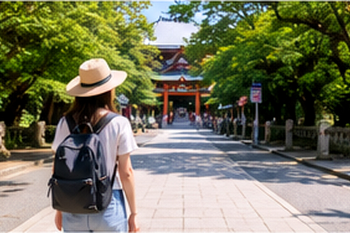 Solo female traveler walking toward a shrine in Japan
