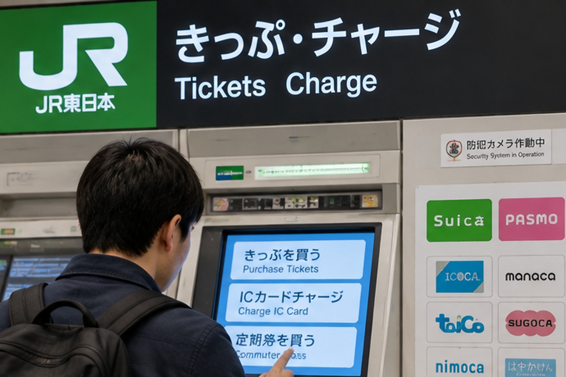 Traveler using a ticket and IC card machine at a Japanese railway station