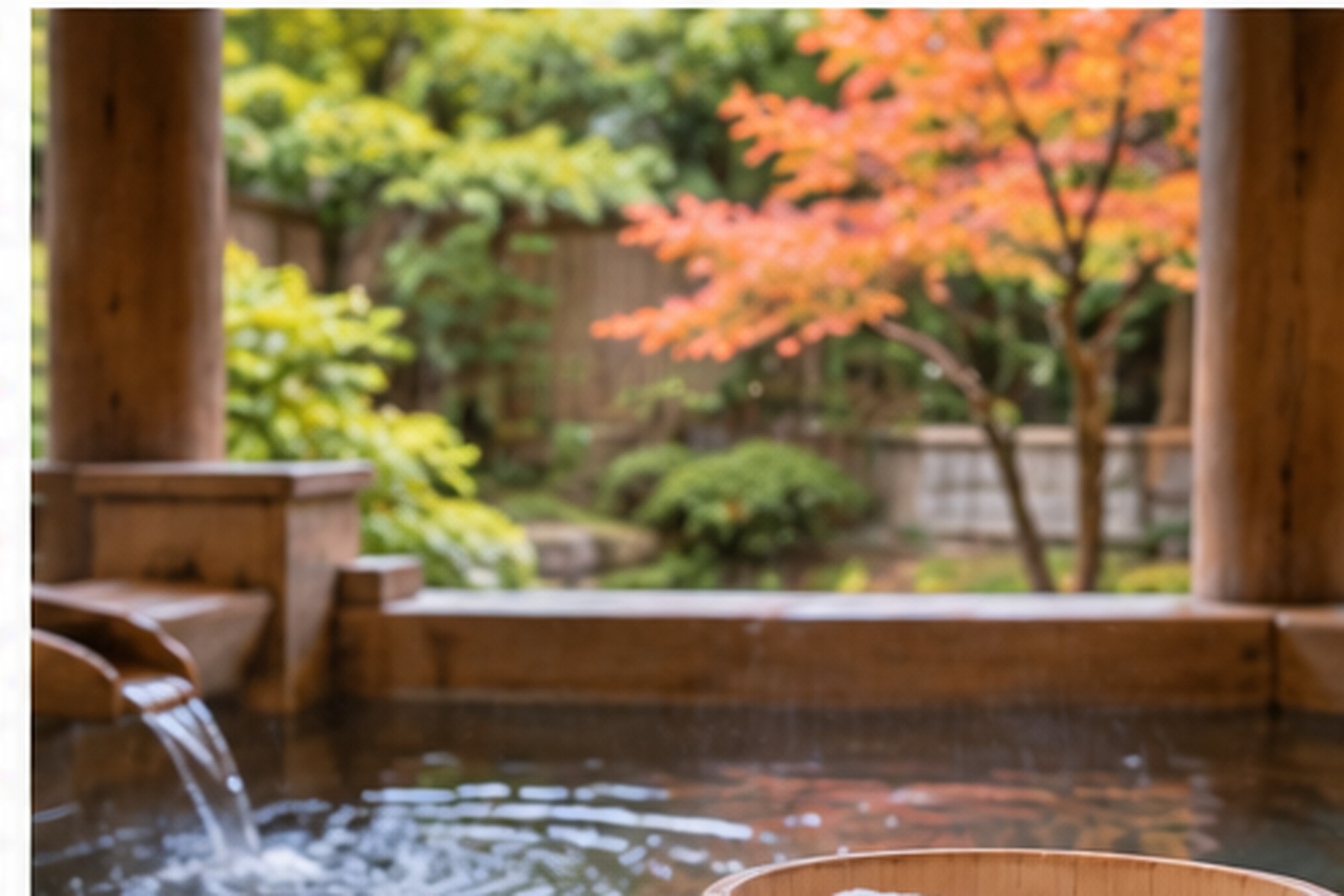 Quiet Japanese onsen bath overlooking a garden