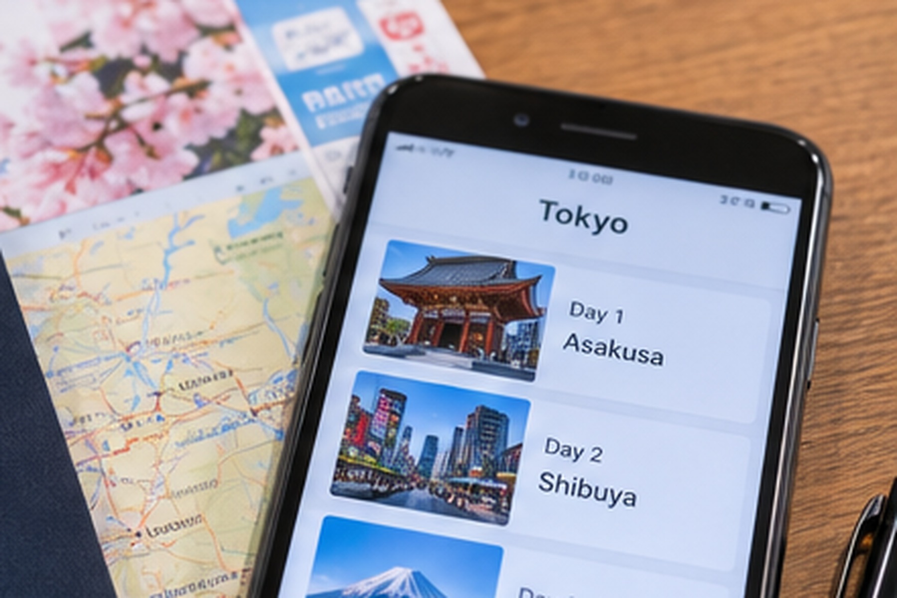 Japan trip itinerary on a smartphone beside a paper map