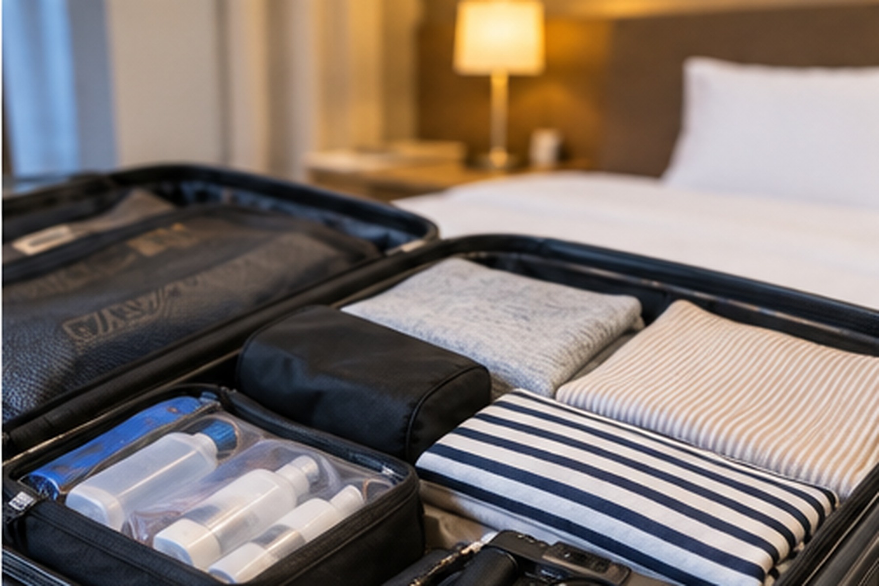 Organized travel suitcase open in a Japanese hotel room