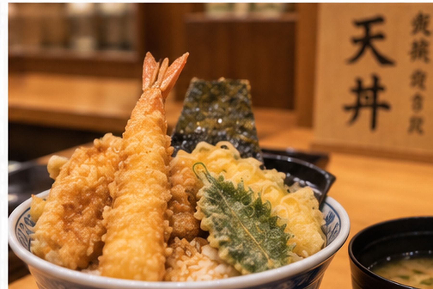 Tempura rice bowl served at a casual restaurant in Japan