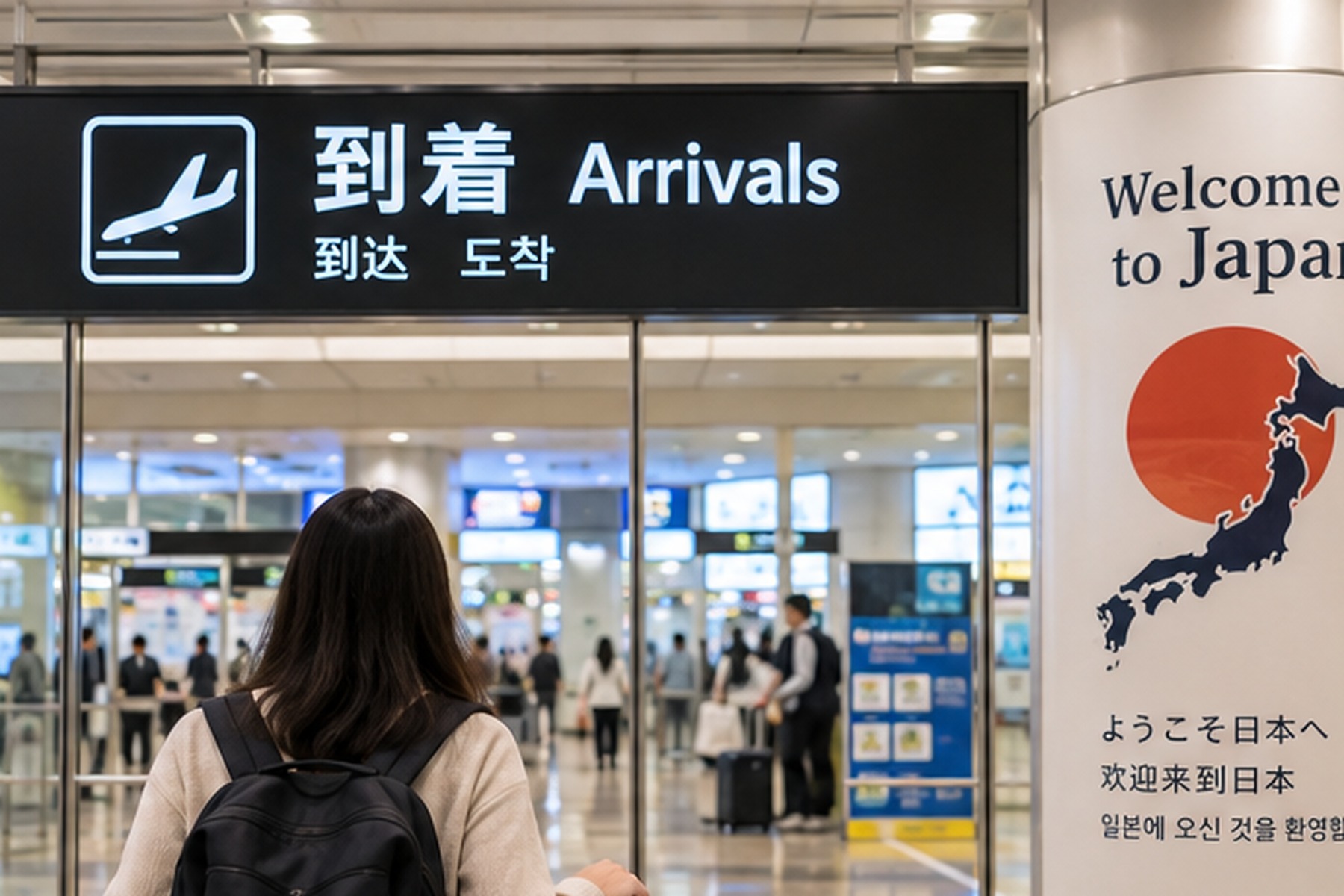 Traveler entering the arrivals hall at a Japanese international airport