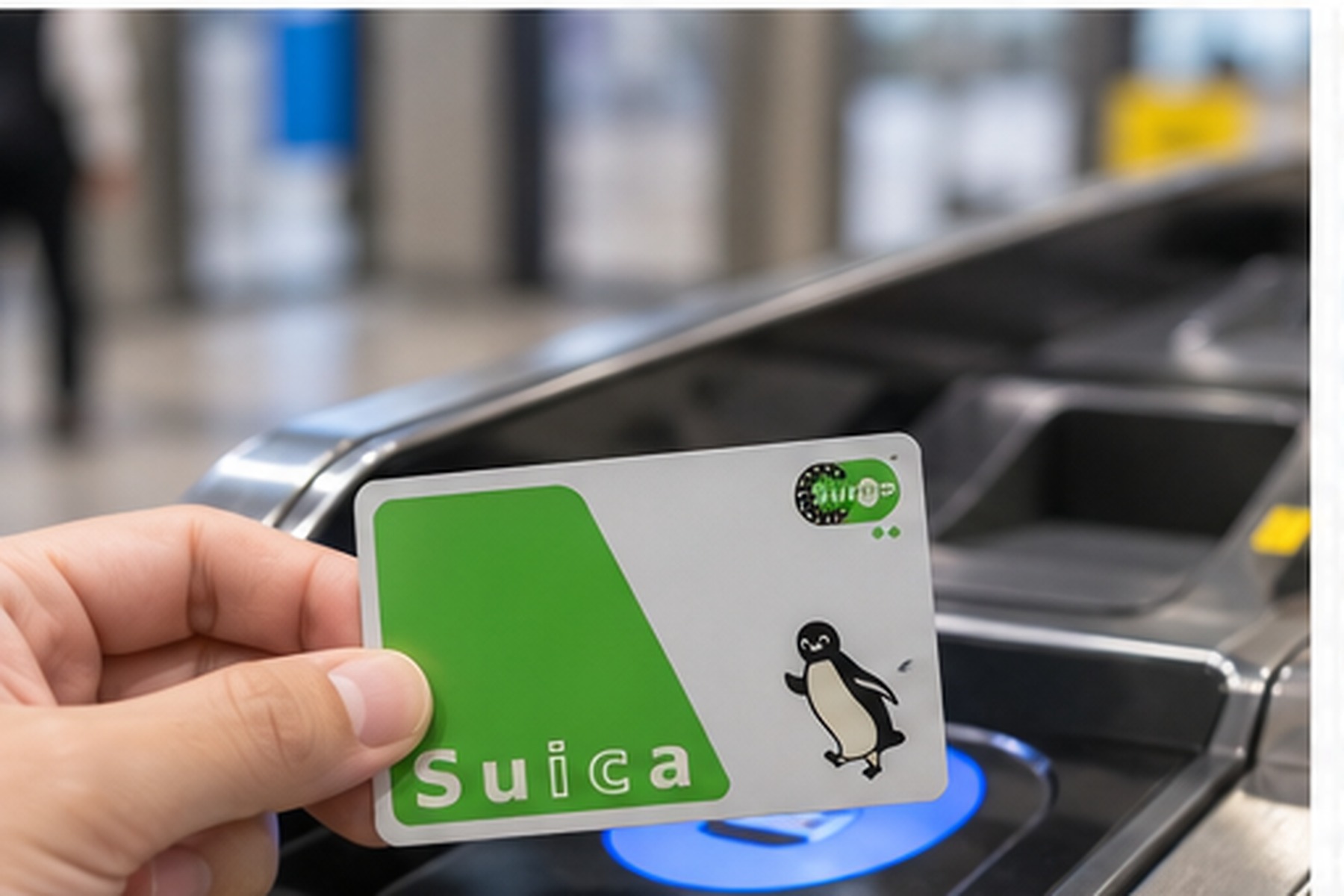 Traveler tapping a Suica card at a Japanese train station gate