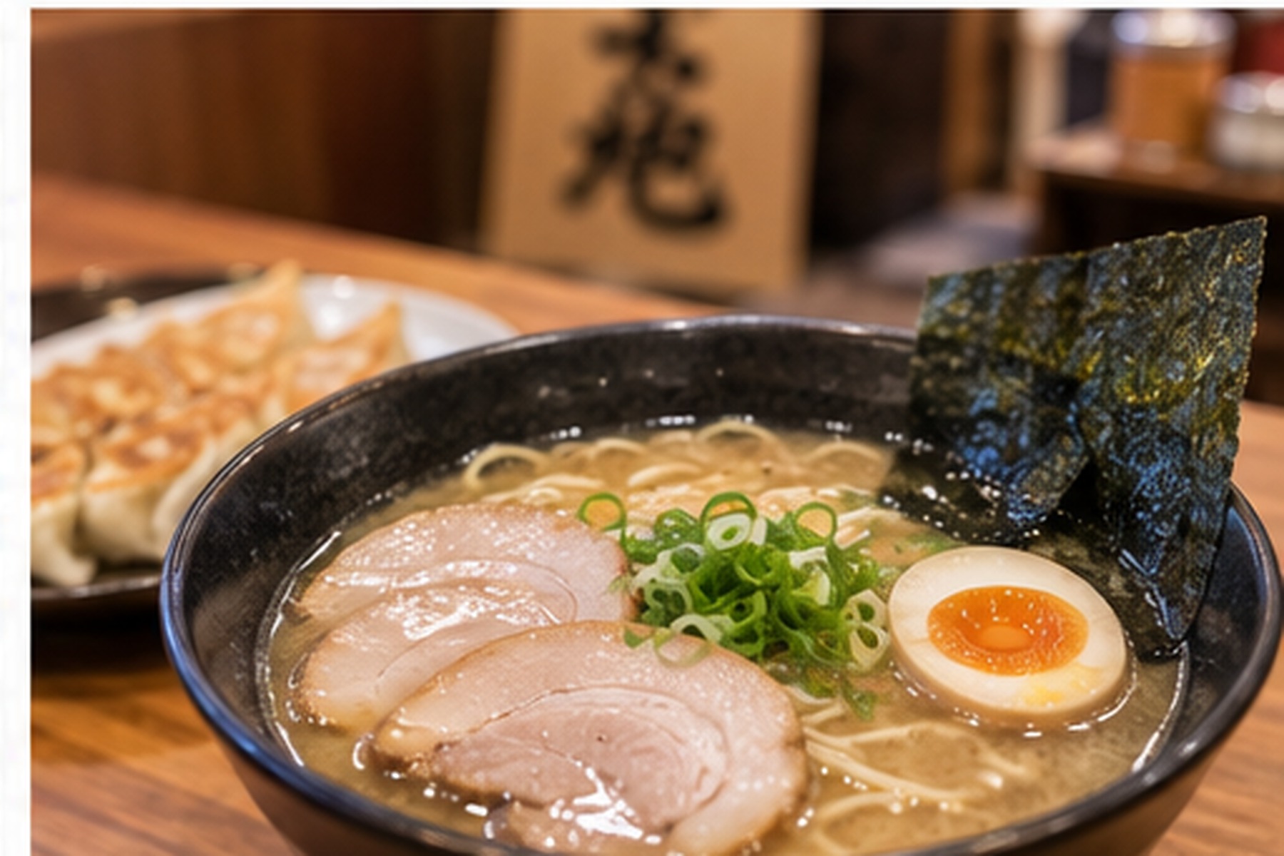 Bowl of ramen and gyoza served at a casual Japanese restaurant