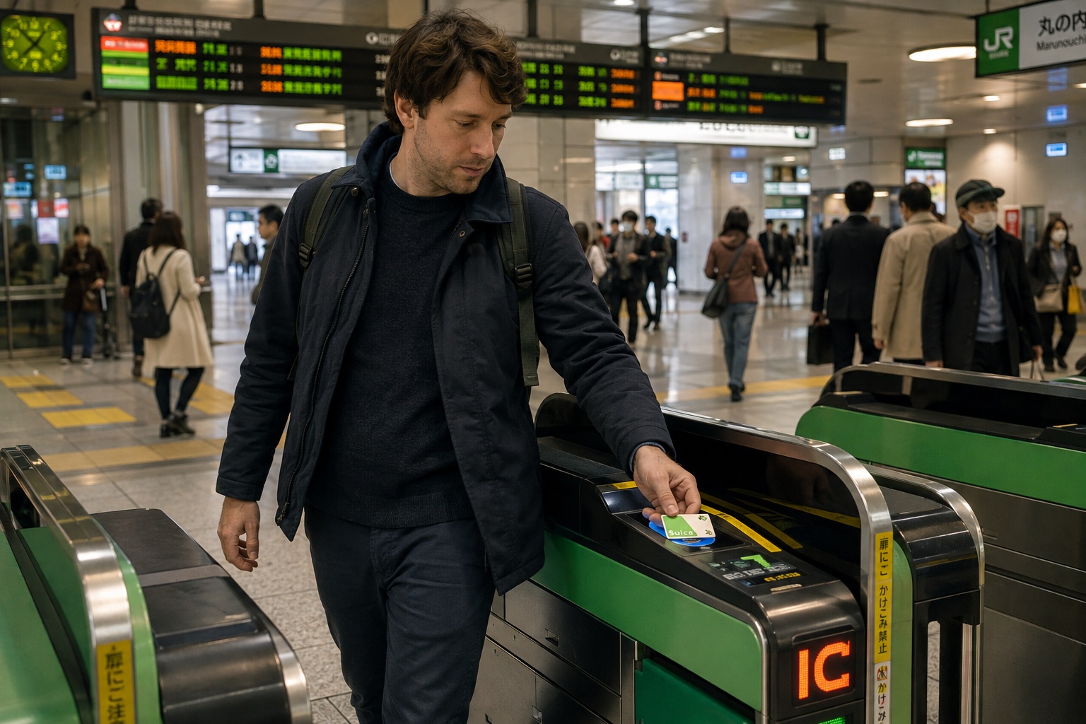 Traveler using a Suica card at a station ticket gate in Japan