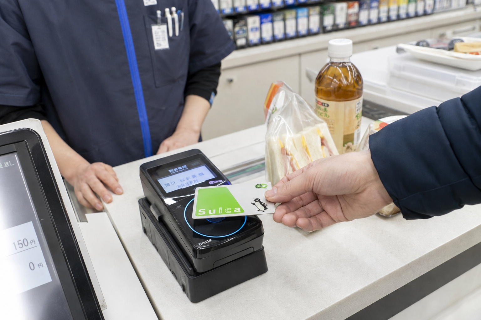 Traveler paying with a Suica card at a convenience store in Japan