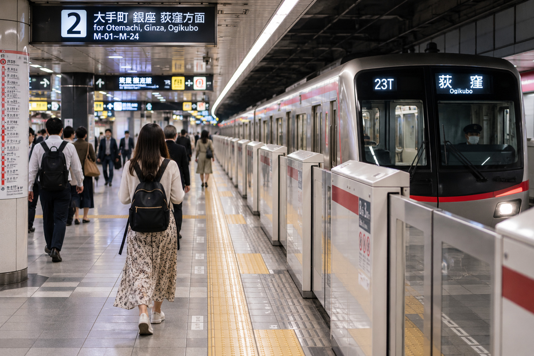 Traveler walking along a subway platform as a train arrives