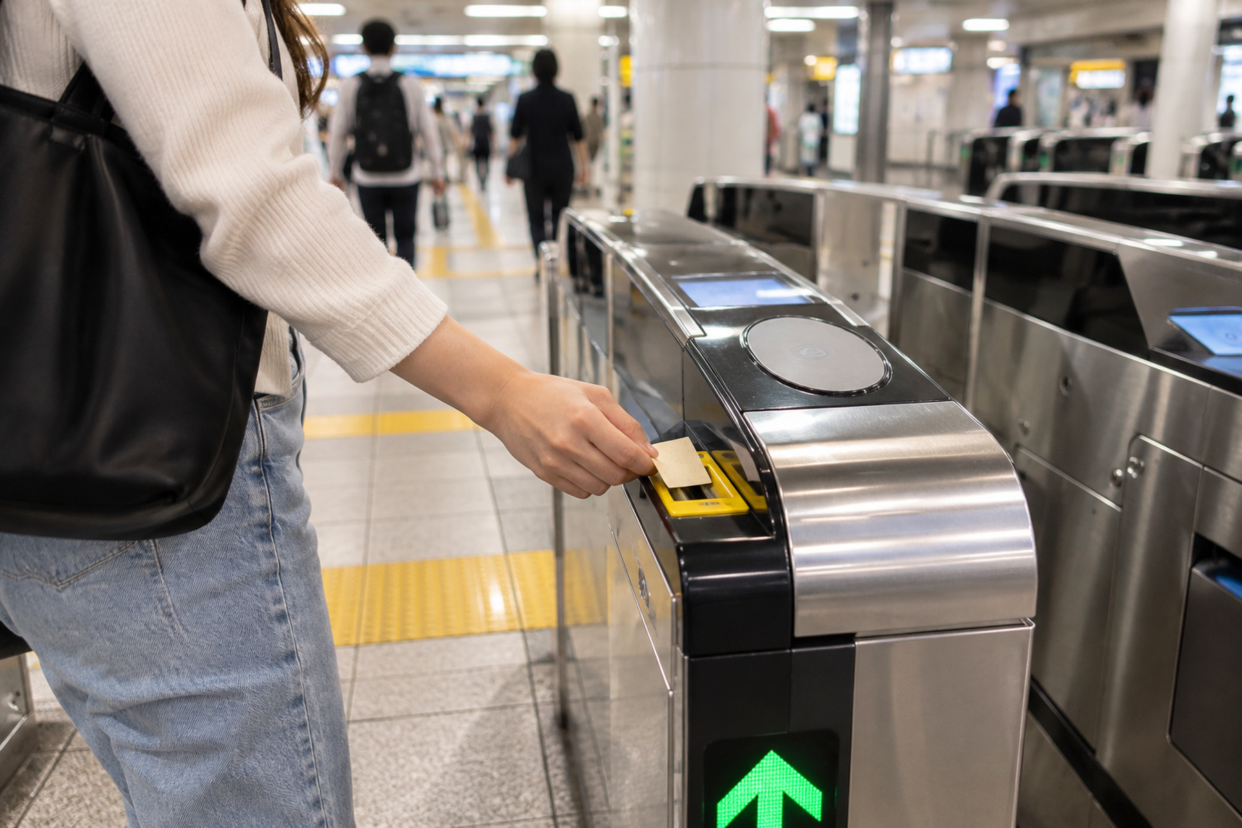 Traveler inserting a paper ticket into a subway fare gate
