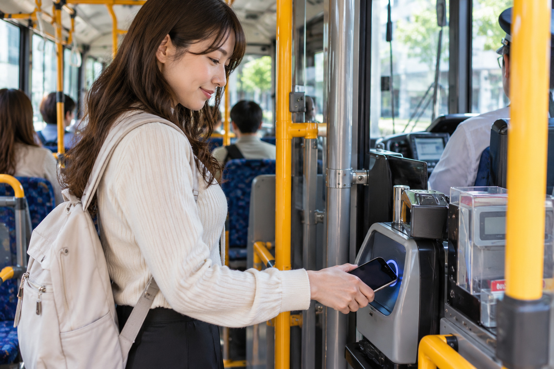 Traveler tapping a smartphone on a contactless reader inside a city bus