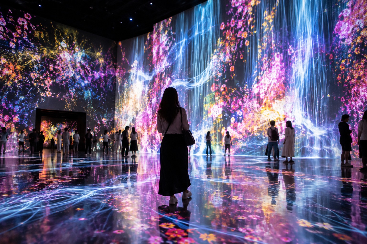 Large immersive digital art gallery with visitors surrounded by colorful projections
