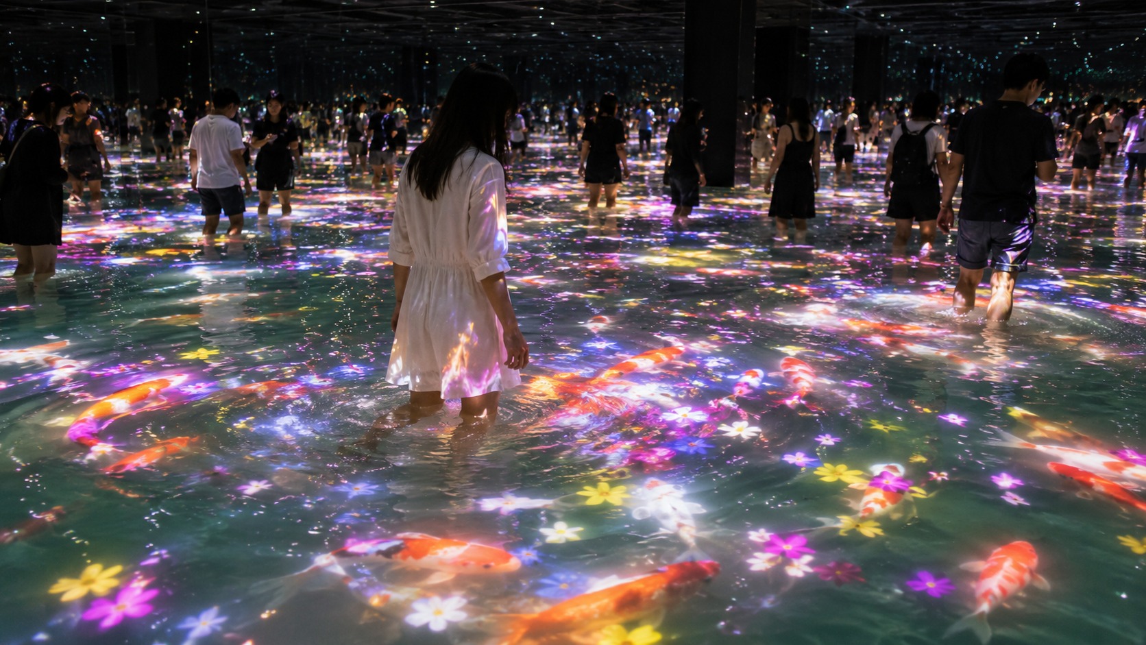 Visitors in a shallow water art space with glowing koi and floral light projections