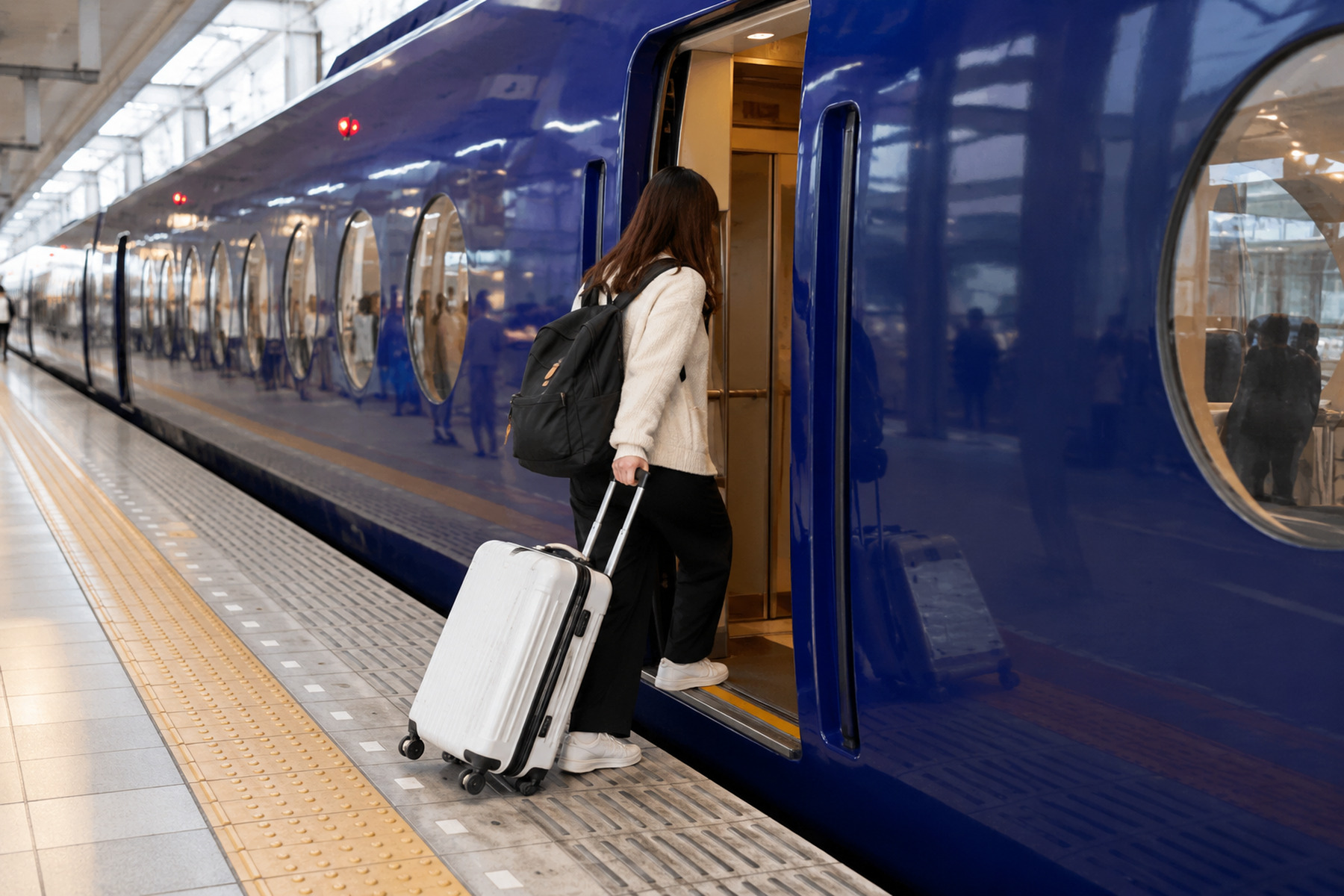 Traveler boarding a deep-blue airport limited express with a rolling suitcase