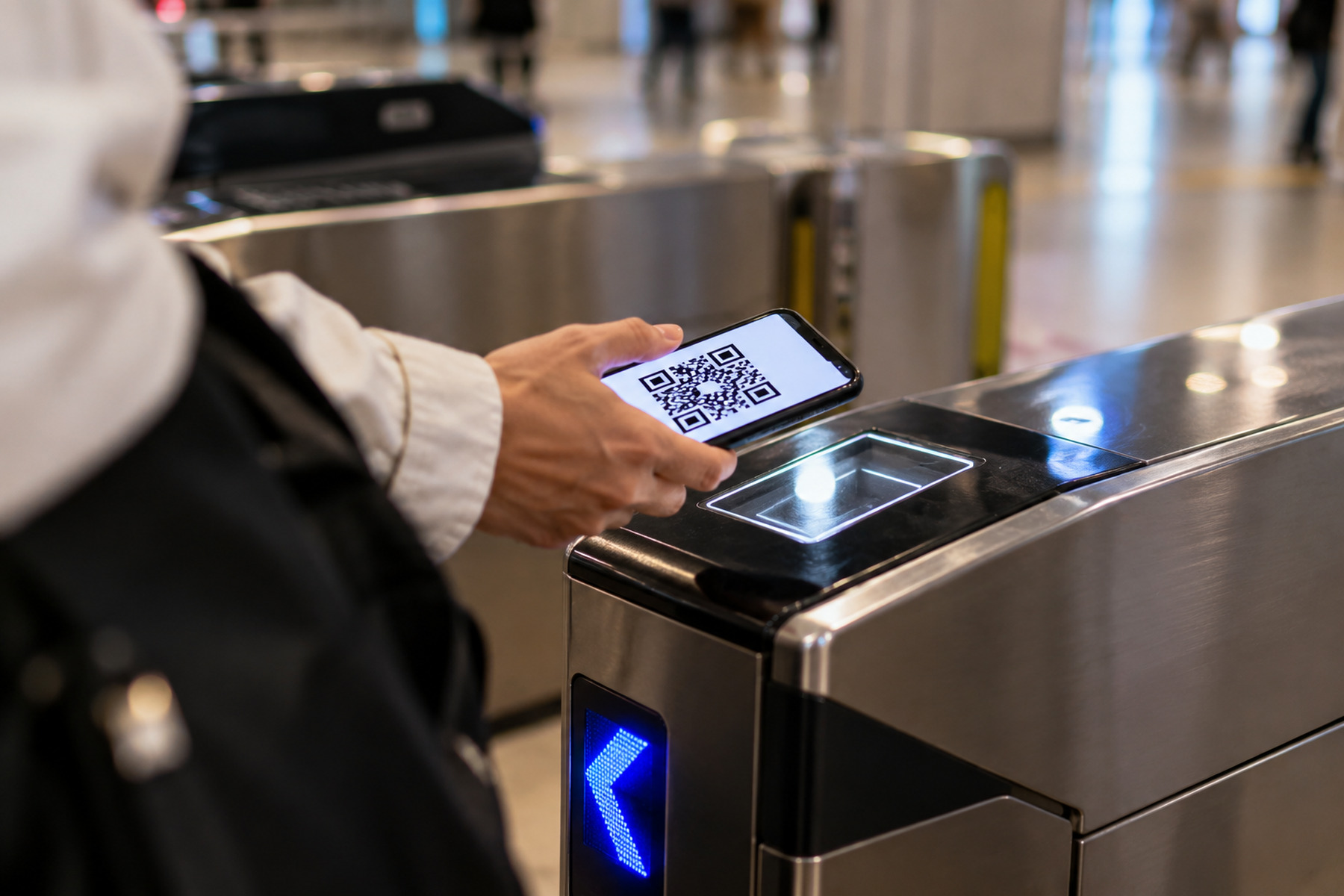 Traveler scanning a smartphone QR code at a railway ticket gate
