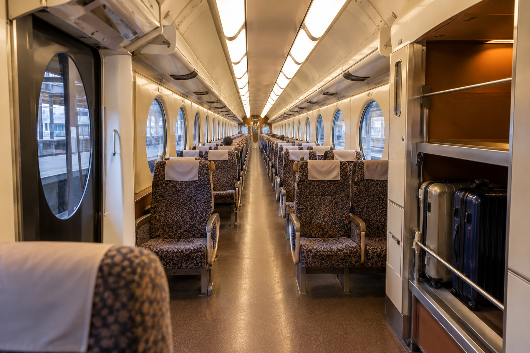 Wide view of a reserved-seat airport train cabin with luggage storage near the door