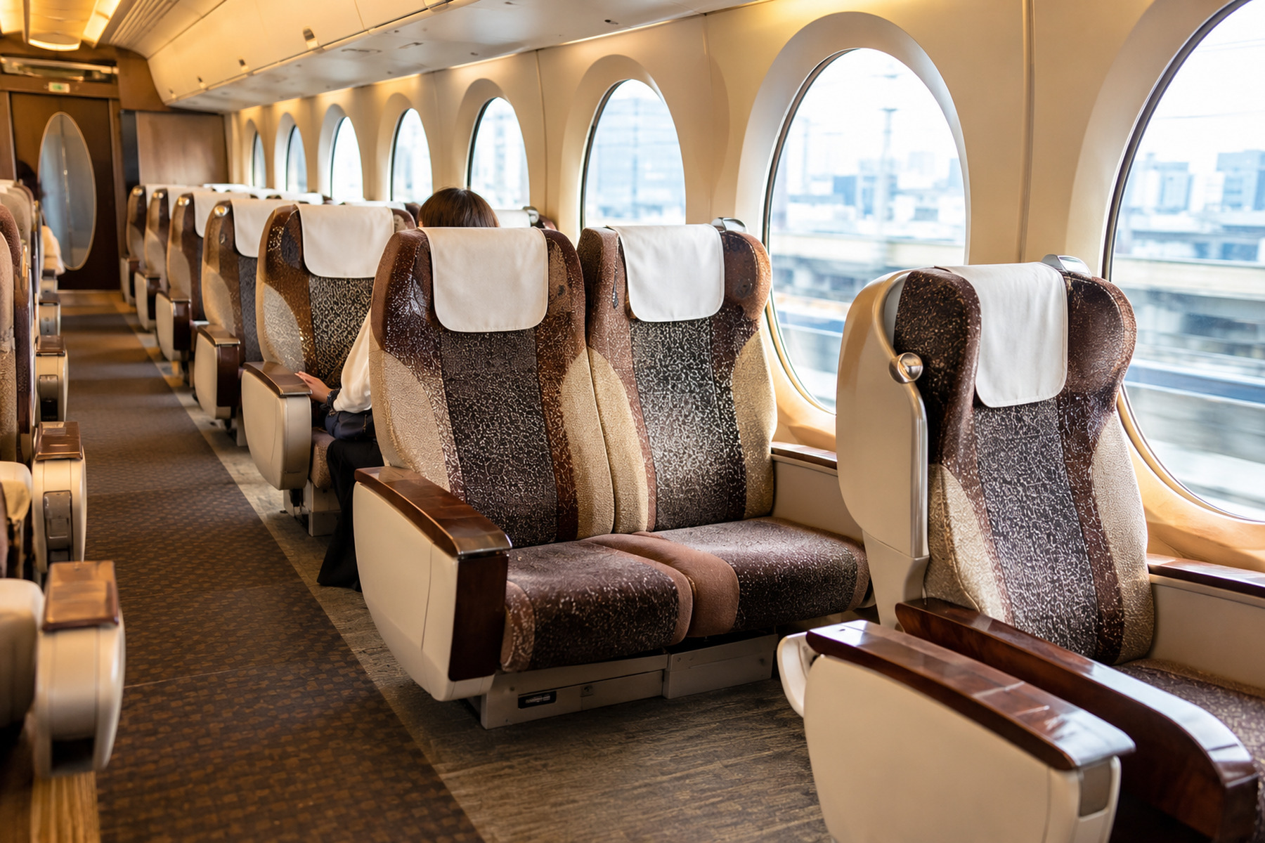 Roomy airport limited express cabin with three seats across and large circular windows