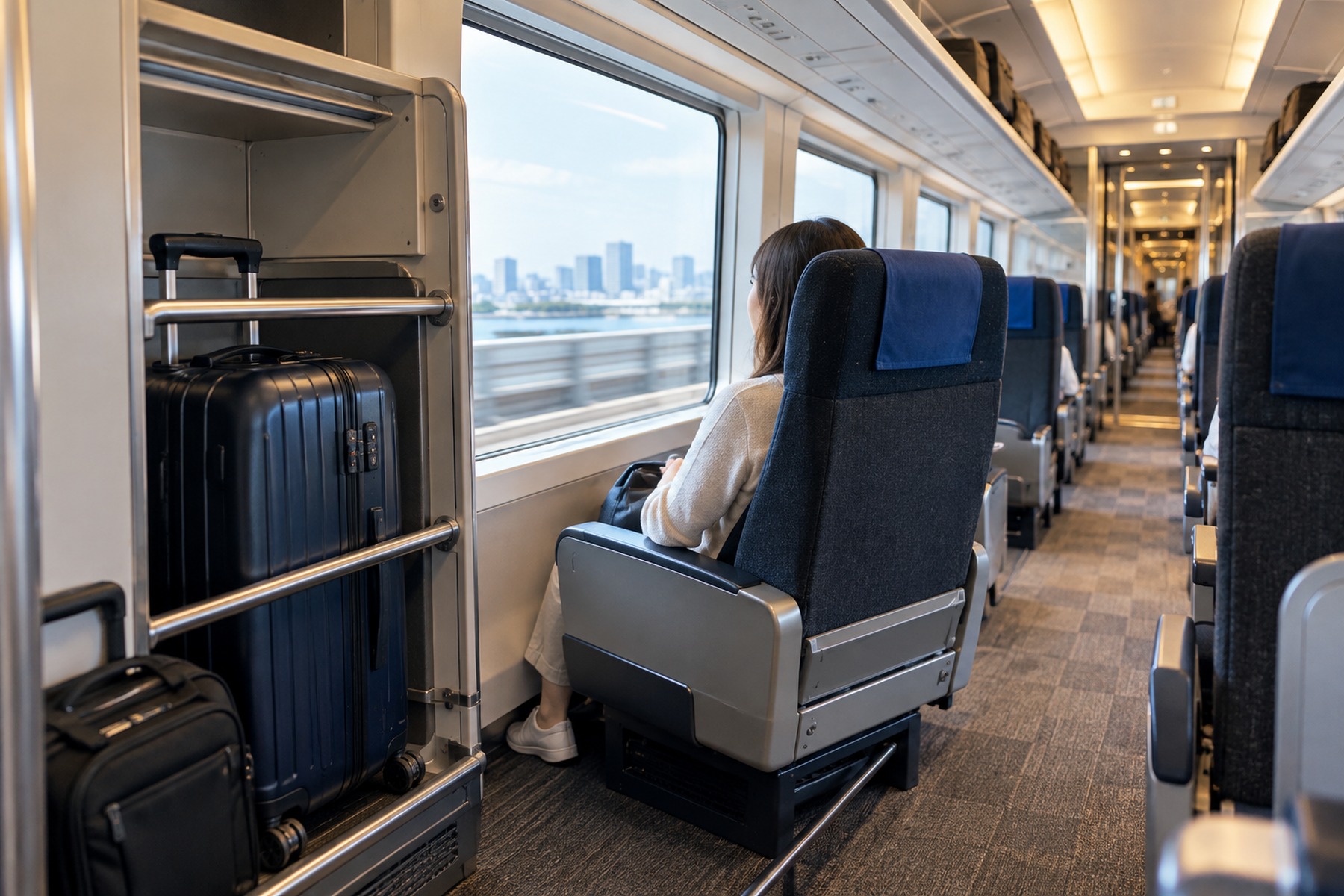 Traveler seated inside an airport express beside a dedicated suitcase storage area