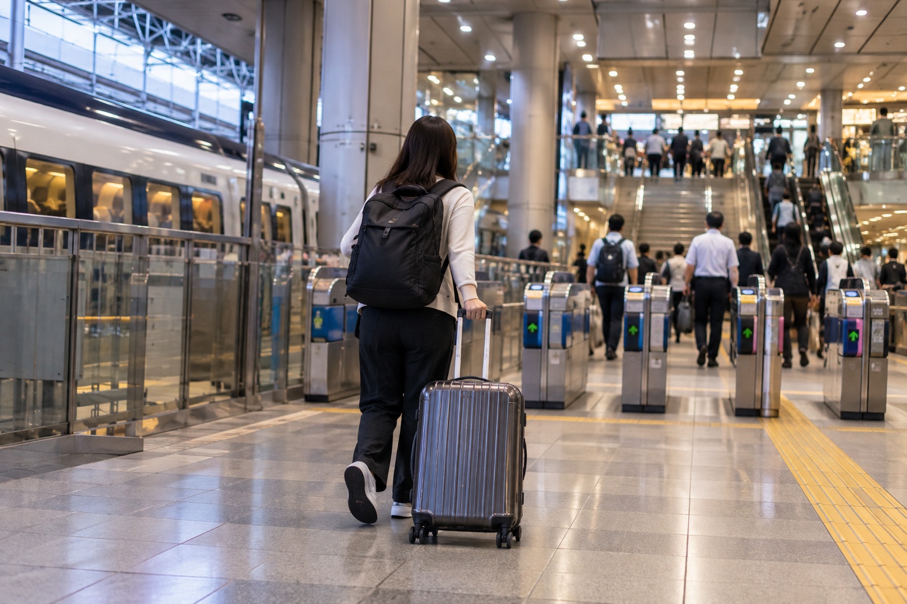 Traveler with a suitcase walking toward transfer gates at a large Tokyo rail station