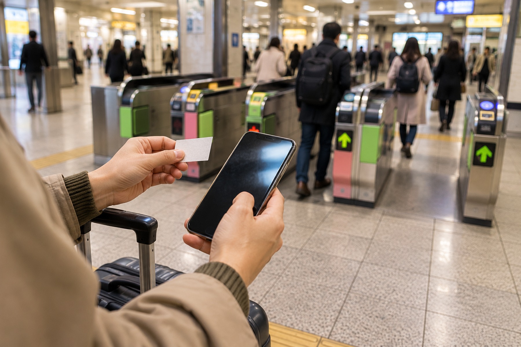 Traveler holding a paper ticket and phone beside subway ticket gates