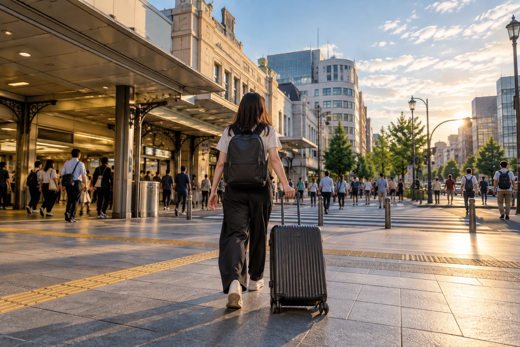 Traveler leaving a major Tokyo station with a suitcase in late-afternoon light