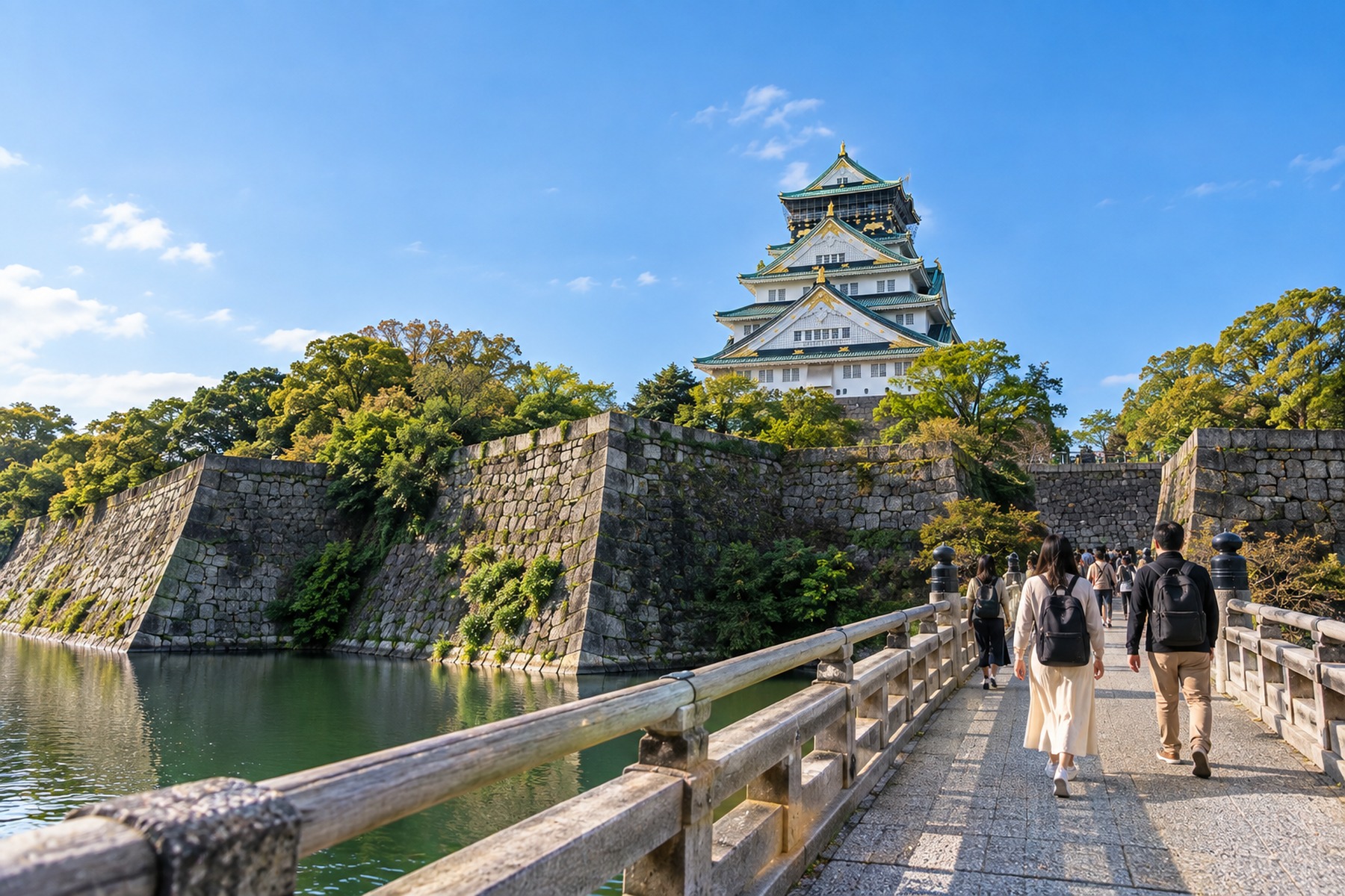Travelers approaching Osaka Castle across the moat on a clear day