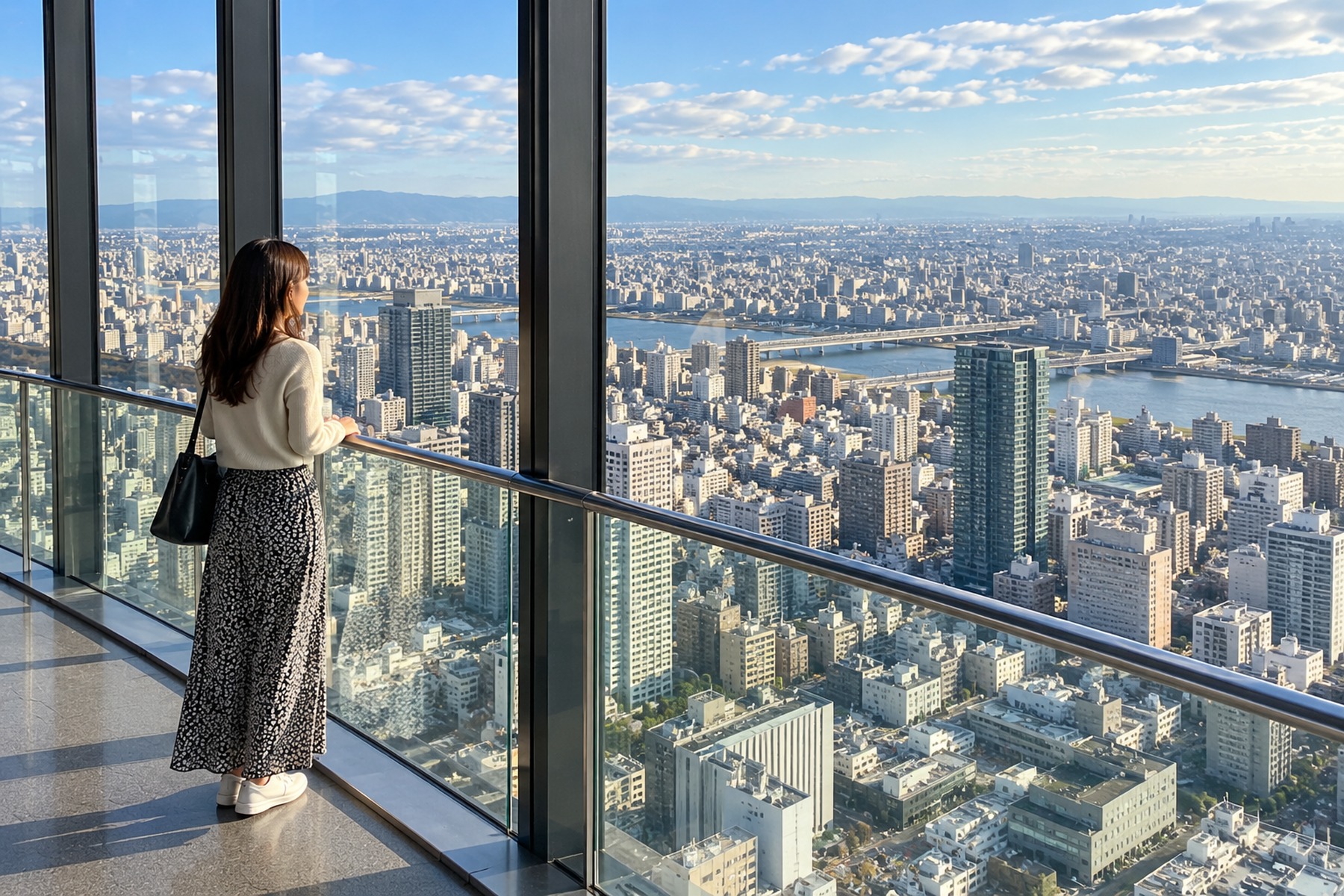 Traveler looking over the Osaka skyline from a high observation deck