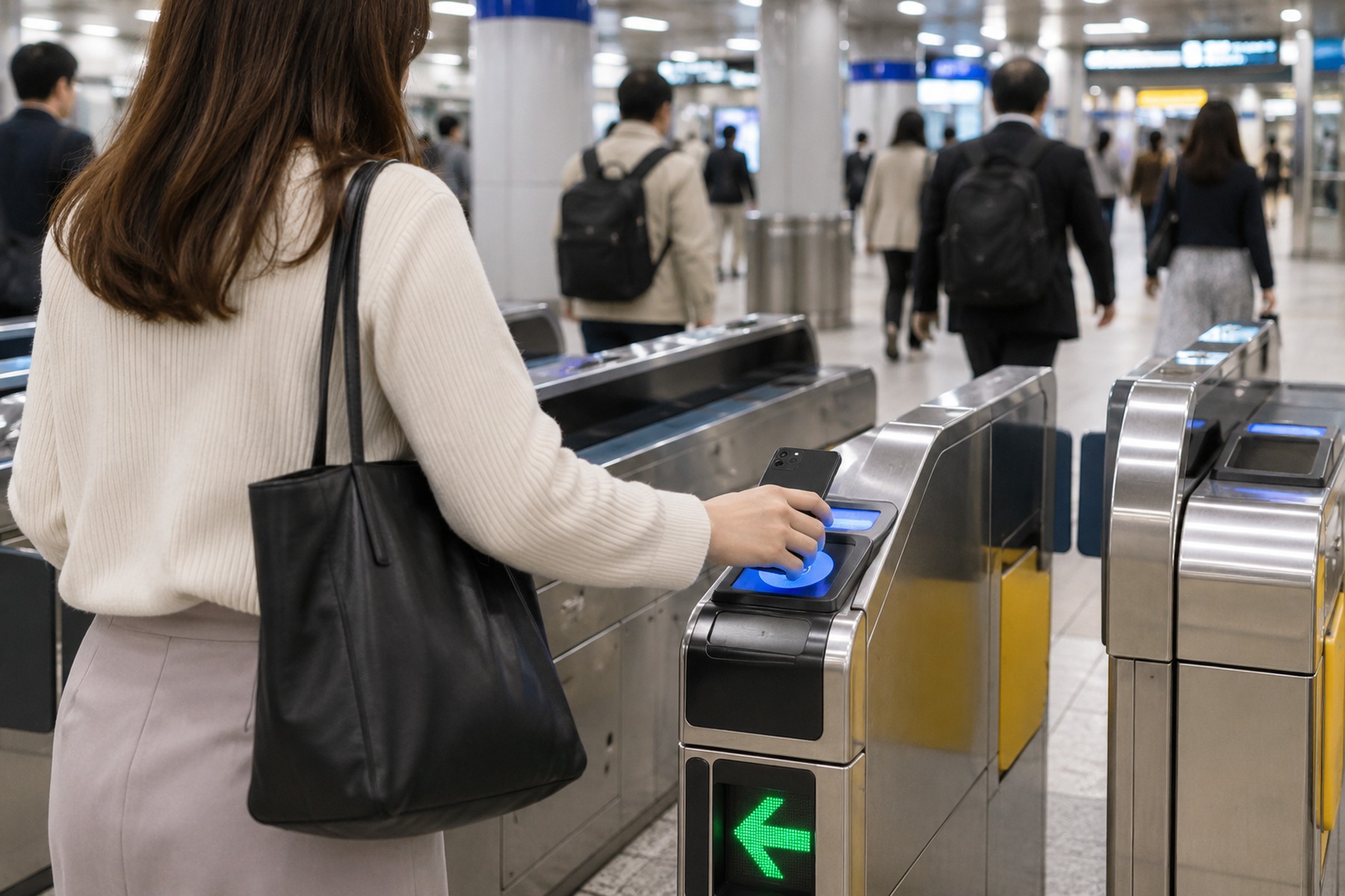 Traveler using a smartphone at a subway fare gate
