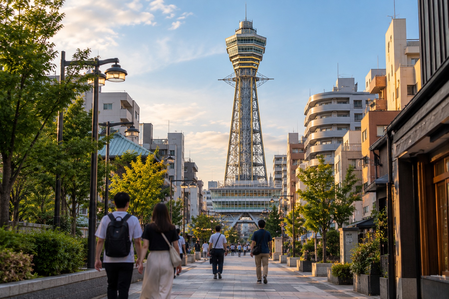 Travelers walking toward Tsutenkaku in Osaka in late-afternoon light