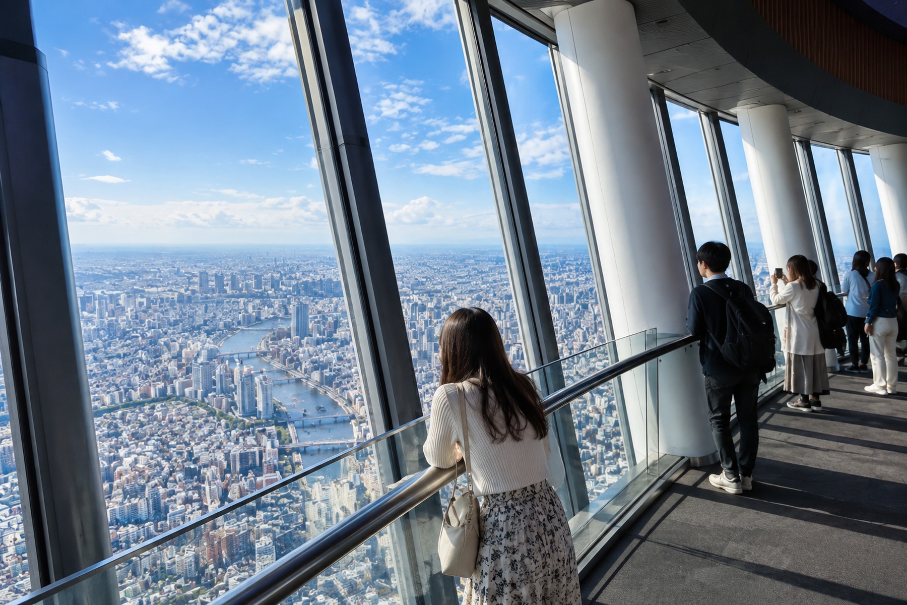 Visitors inside a high enclosed Tokyo observation deck looking across the city
