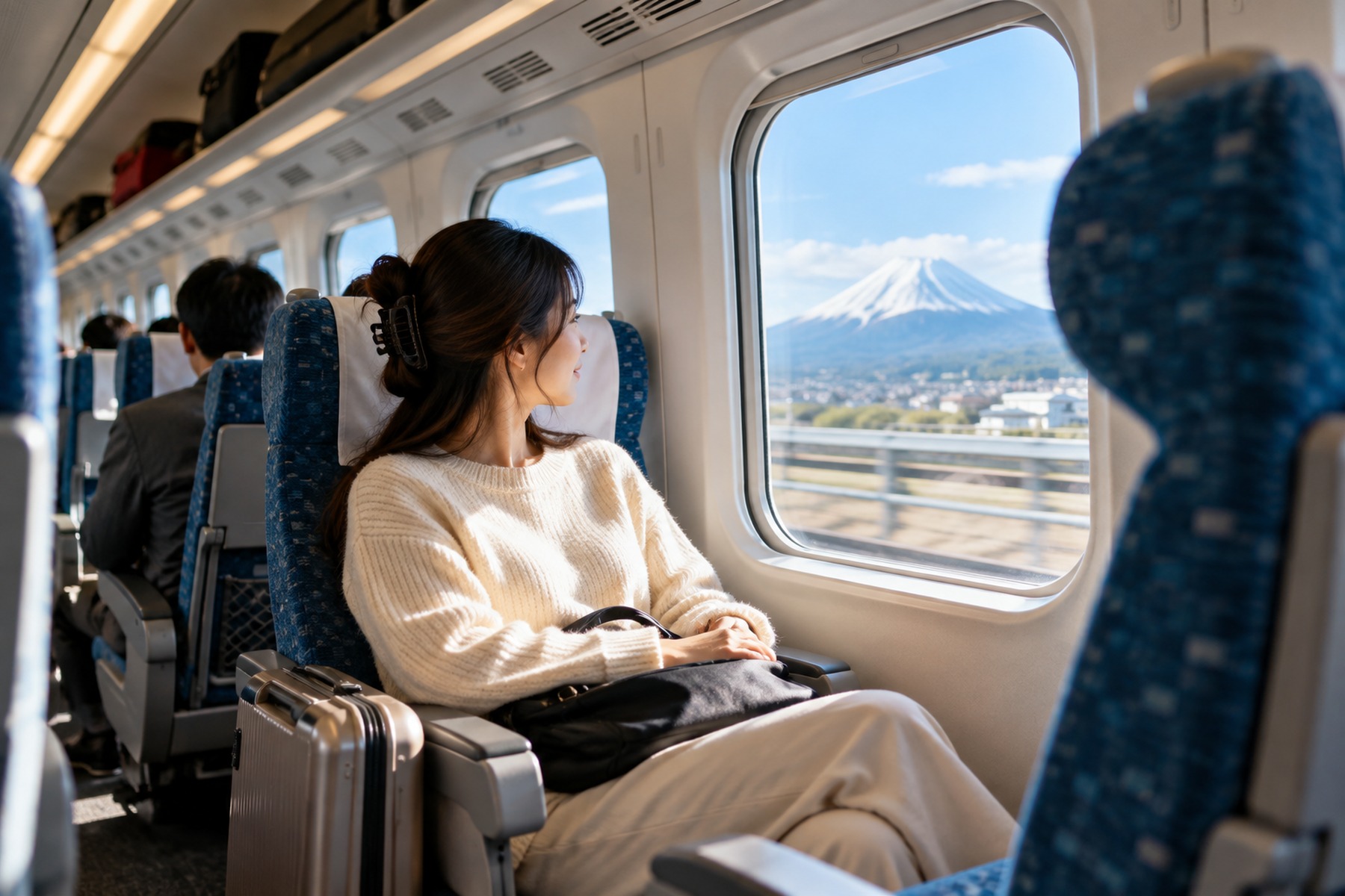 Traveler seated beside a high-speed train window looking toward Mount Fuji