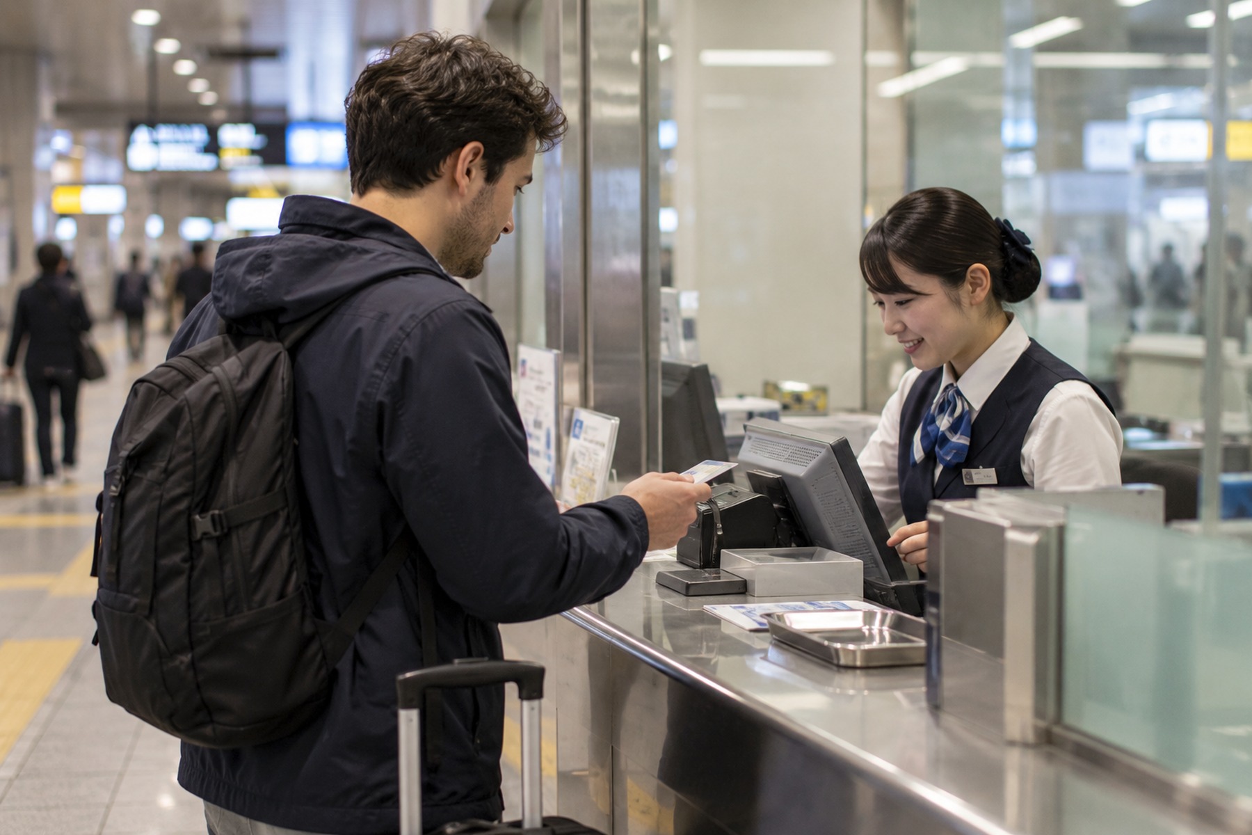 Traveler paying at a staffed Japanese rail ticket counter