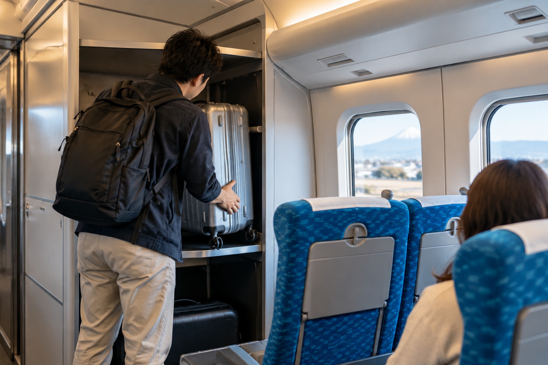 Passenger placing a suitcase into luggage storage inside a high-speed train