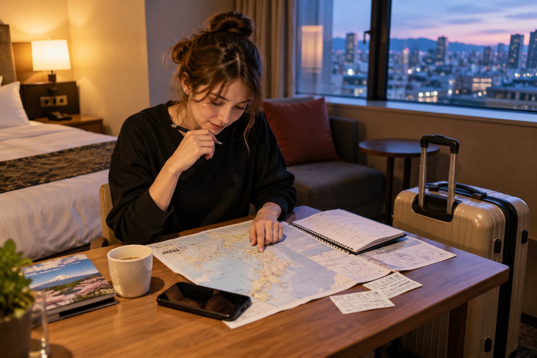 Traveler comparing rail routes on a paper map in a hotel room